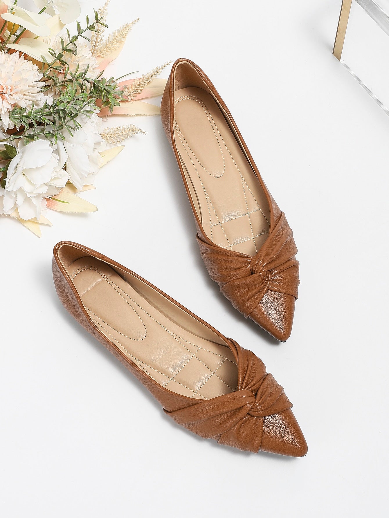 Twist Detail Point Toe Ballet Flats, Brown Elegant Twisted Knot Solid Color Ballet Flats For Women