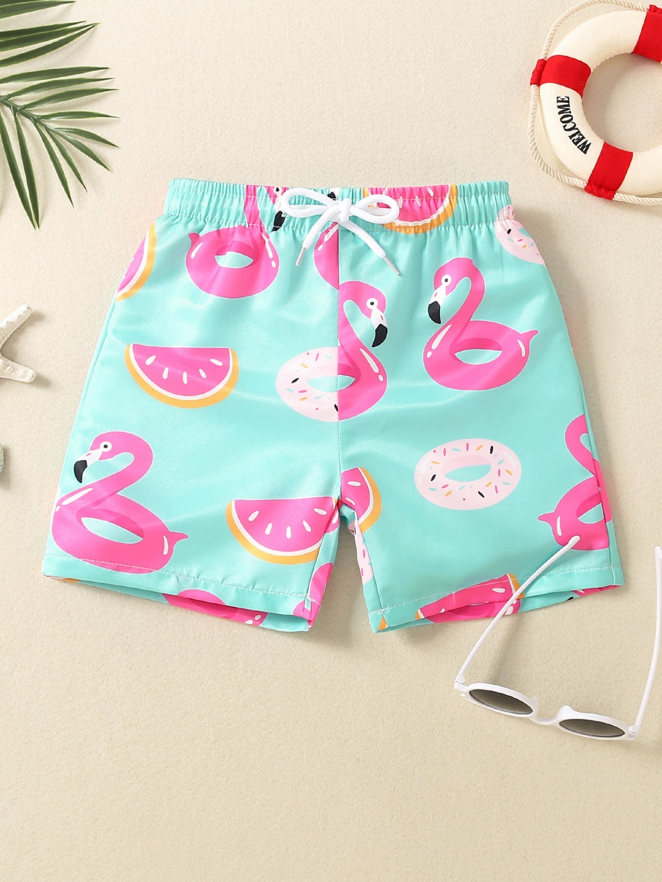 Young Boy Cartoon Graphic Drawstring Waist Swim Shorts