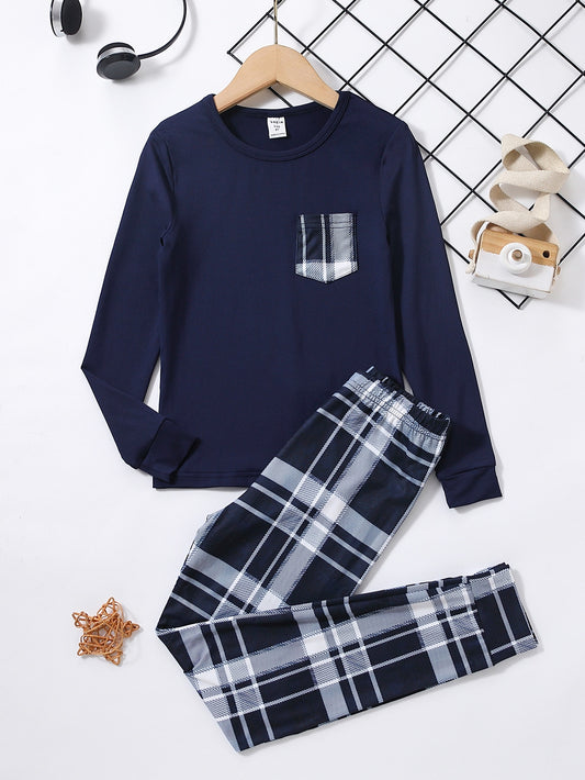 Tween Boy Plaid Print Pocket Patched Fitted Snug Fit PJ Set