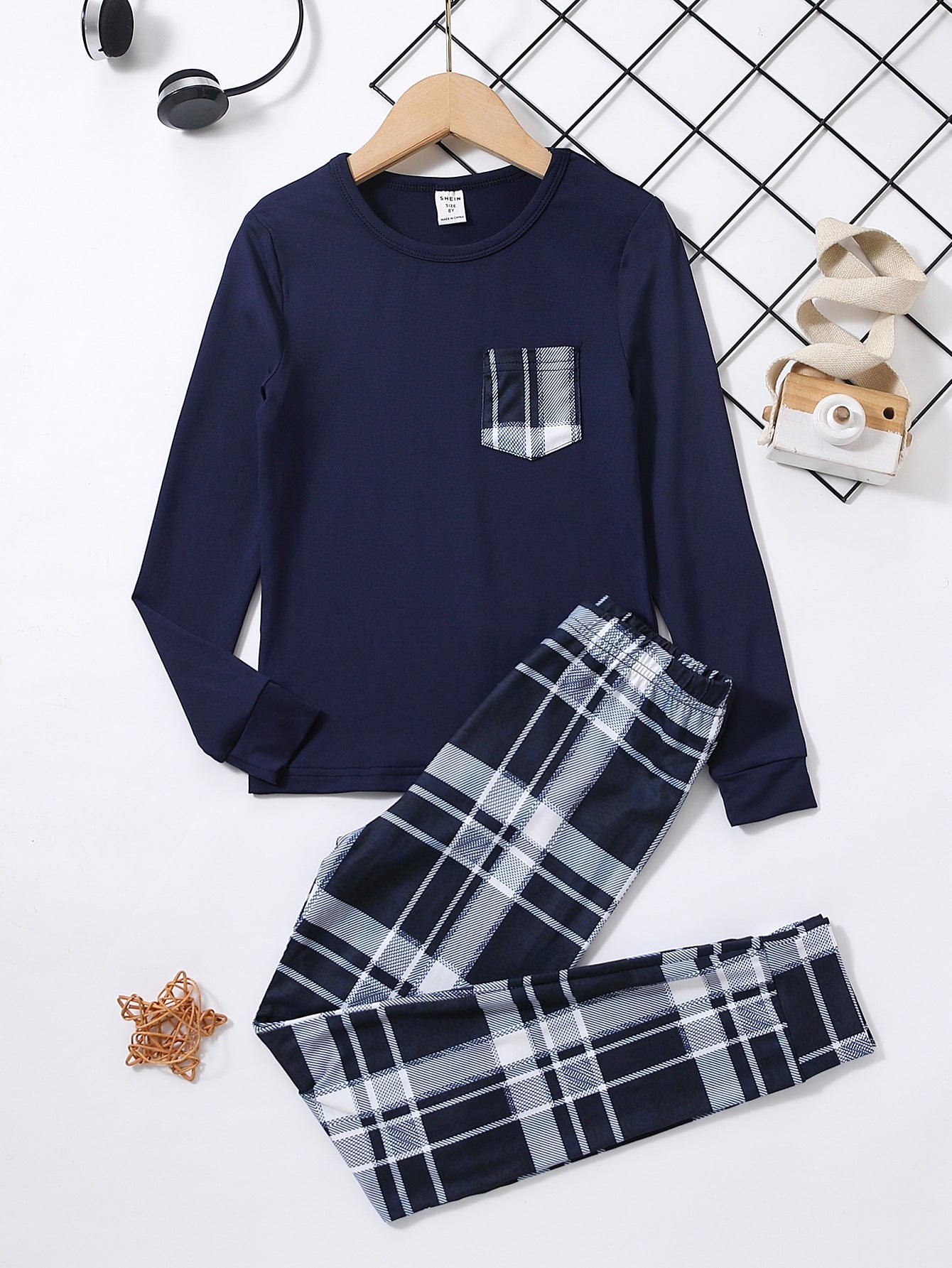 Tween Boy Plaid Print Pocket Patched Snug Fit PJ Set