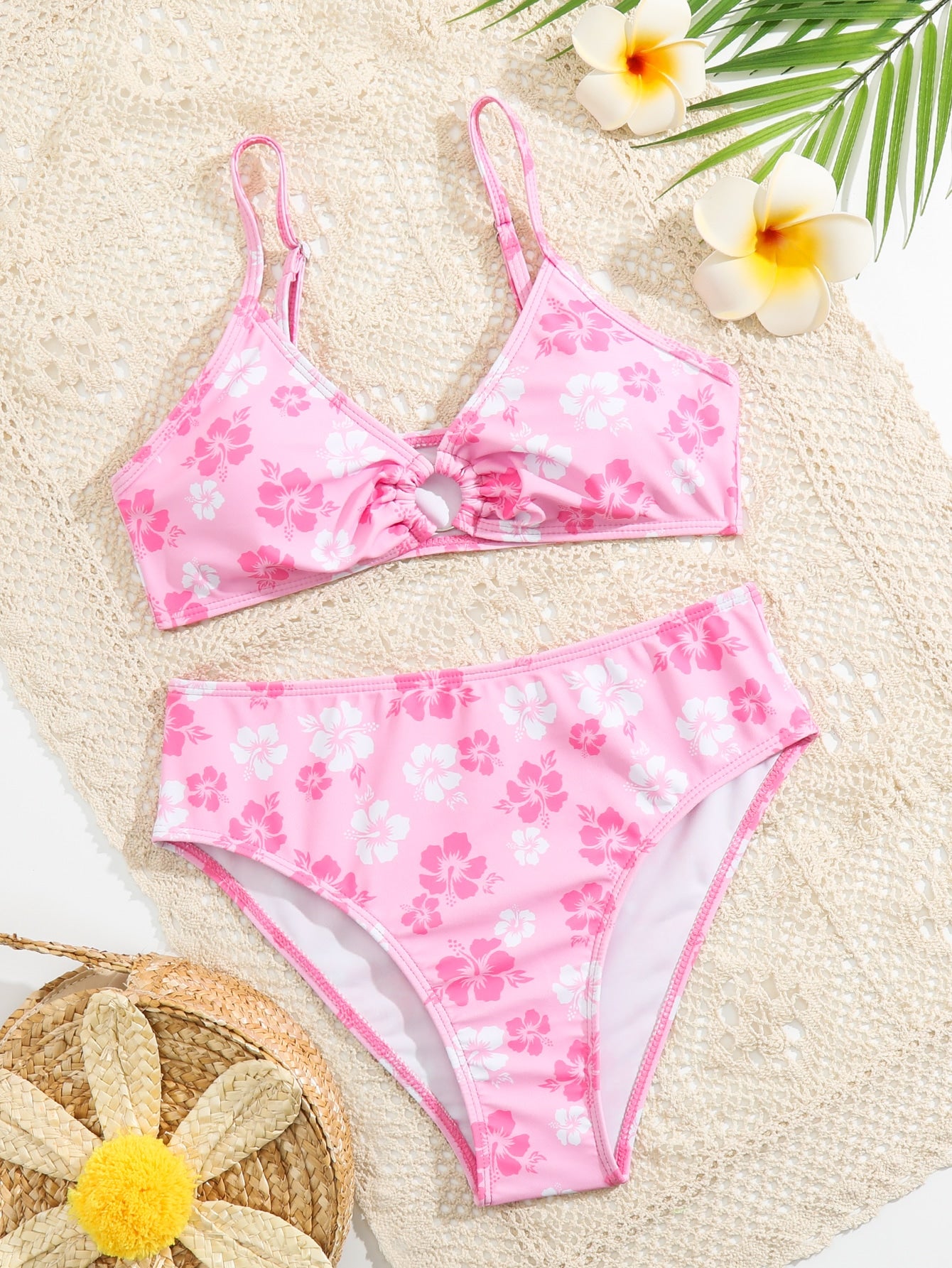 Teen Girls Floral Print Ring Linked Bikini Set Summer Beach