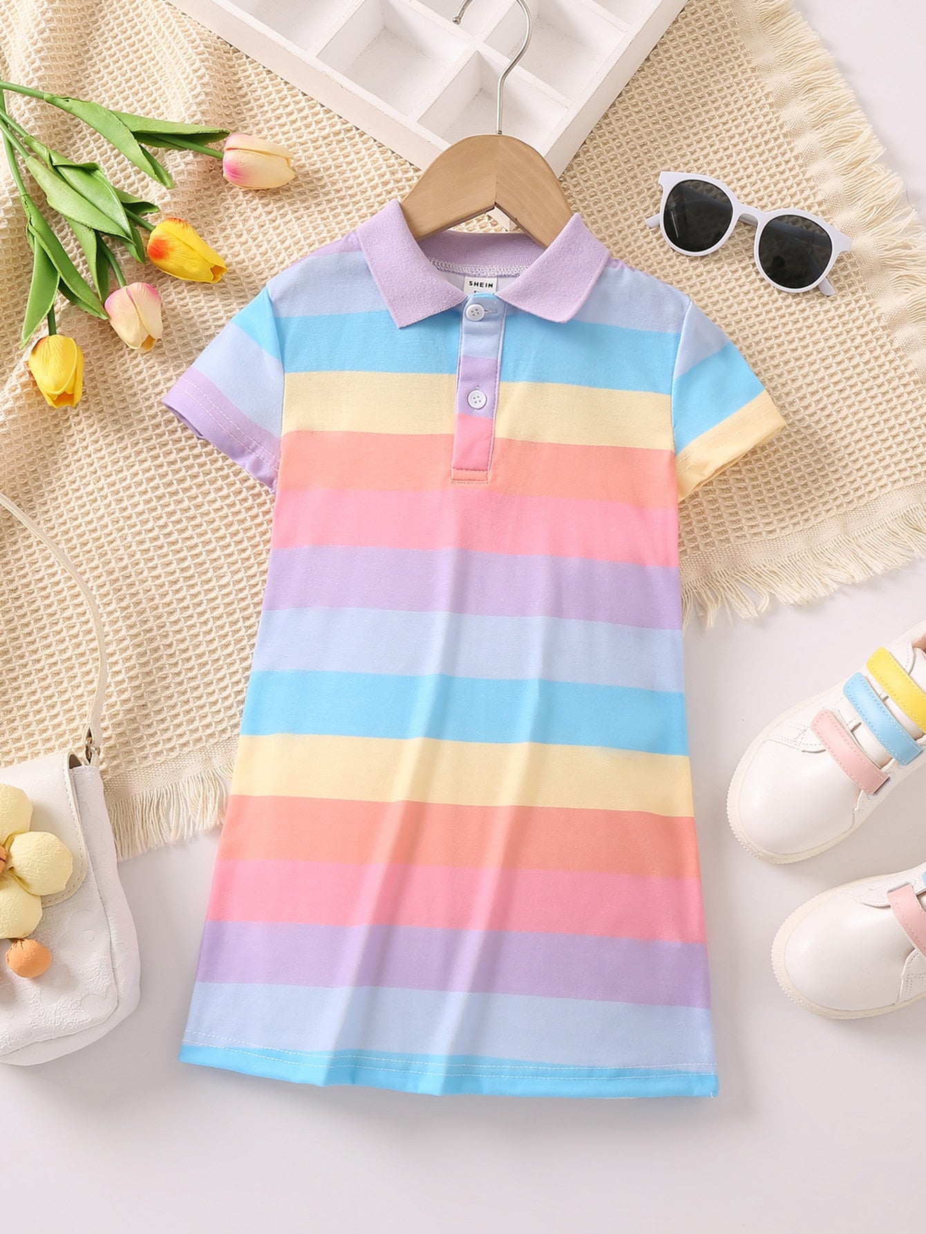 Young Girl Color Block Elegant College Style Simple Polo Collar Regular Sleeve Dress For Summer