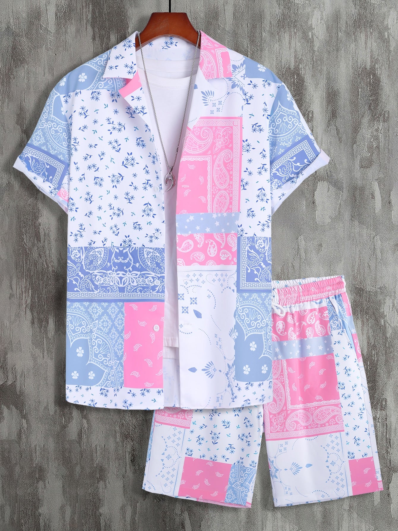 Men Random Paisley Scarf Print Shirt & Shorts Without Tee