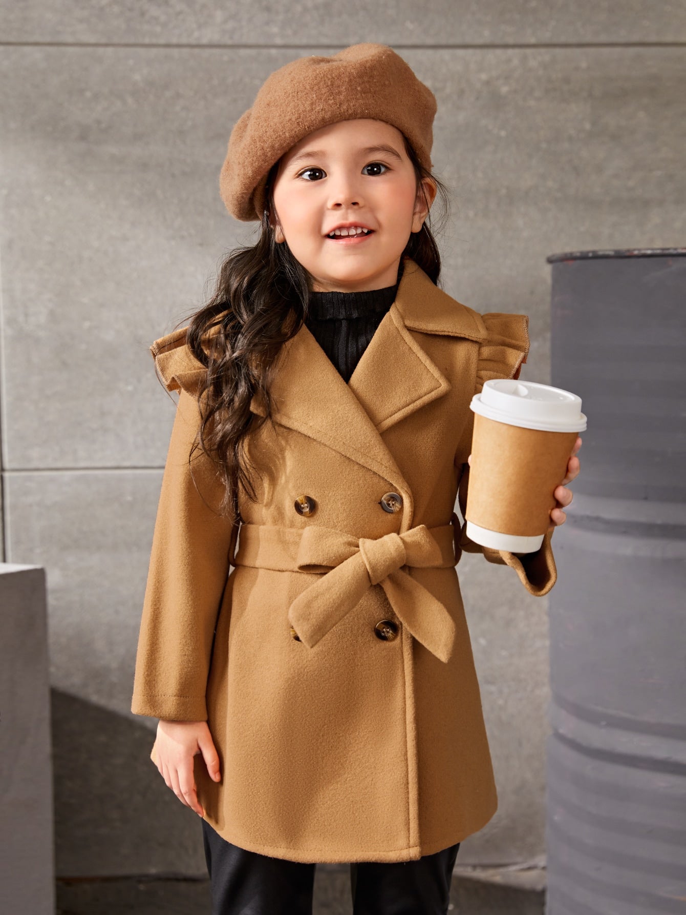 Young Girl 1pc Ruffle Trim Double Breasted Belted Coat