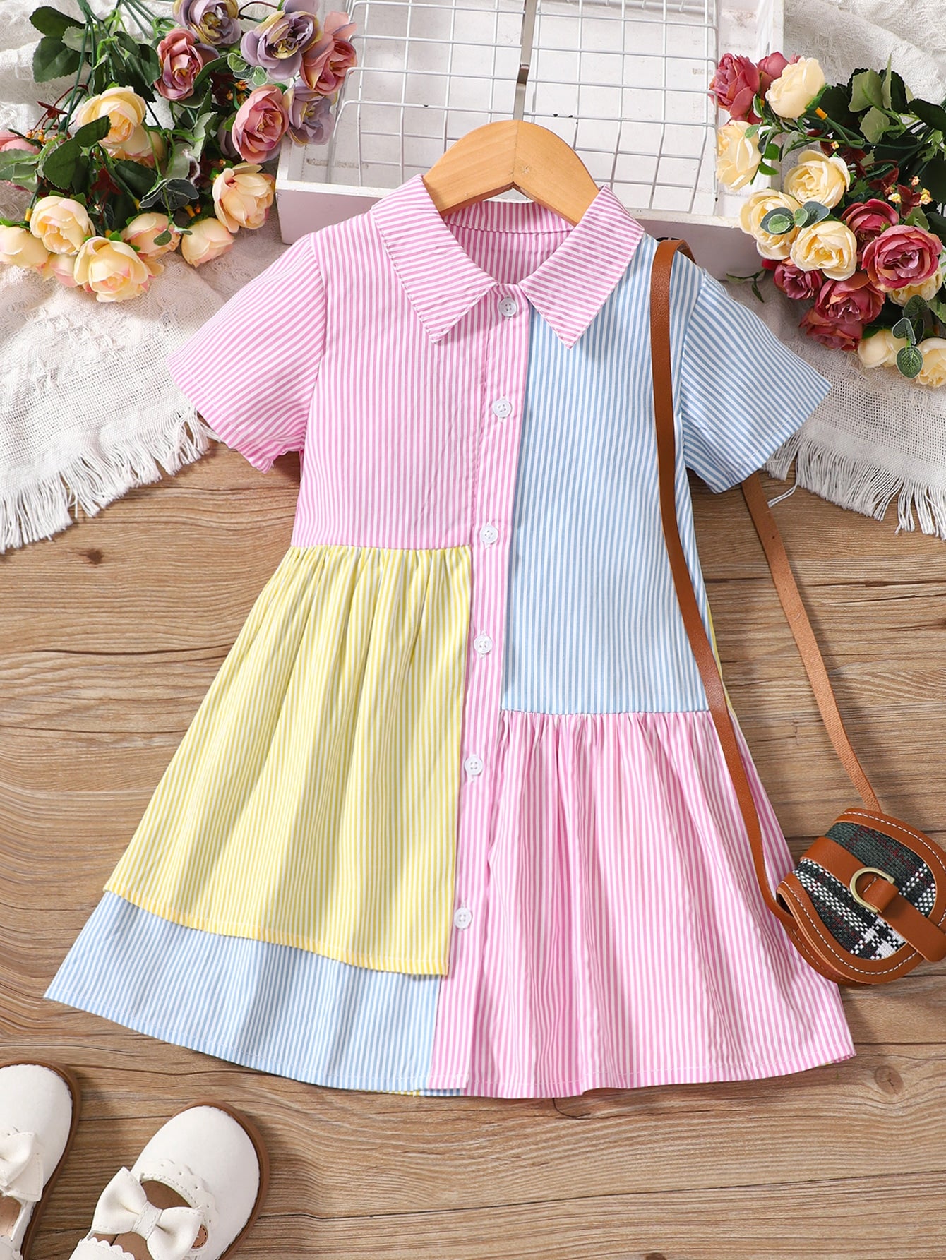 Young Girl Multicolor Striped Color Block Elegant Collared Short Sleeve A-line Dress For Summer