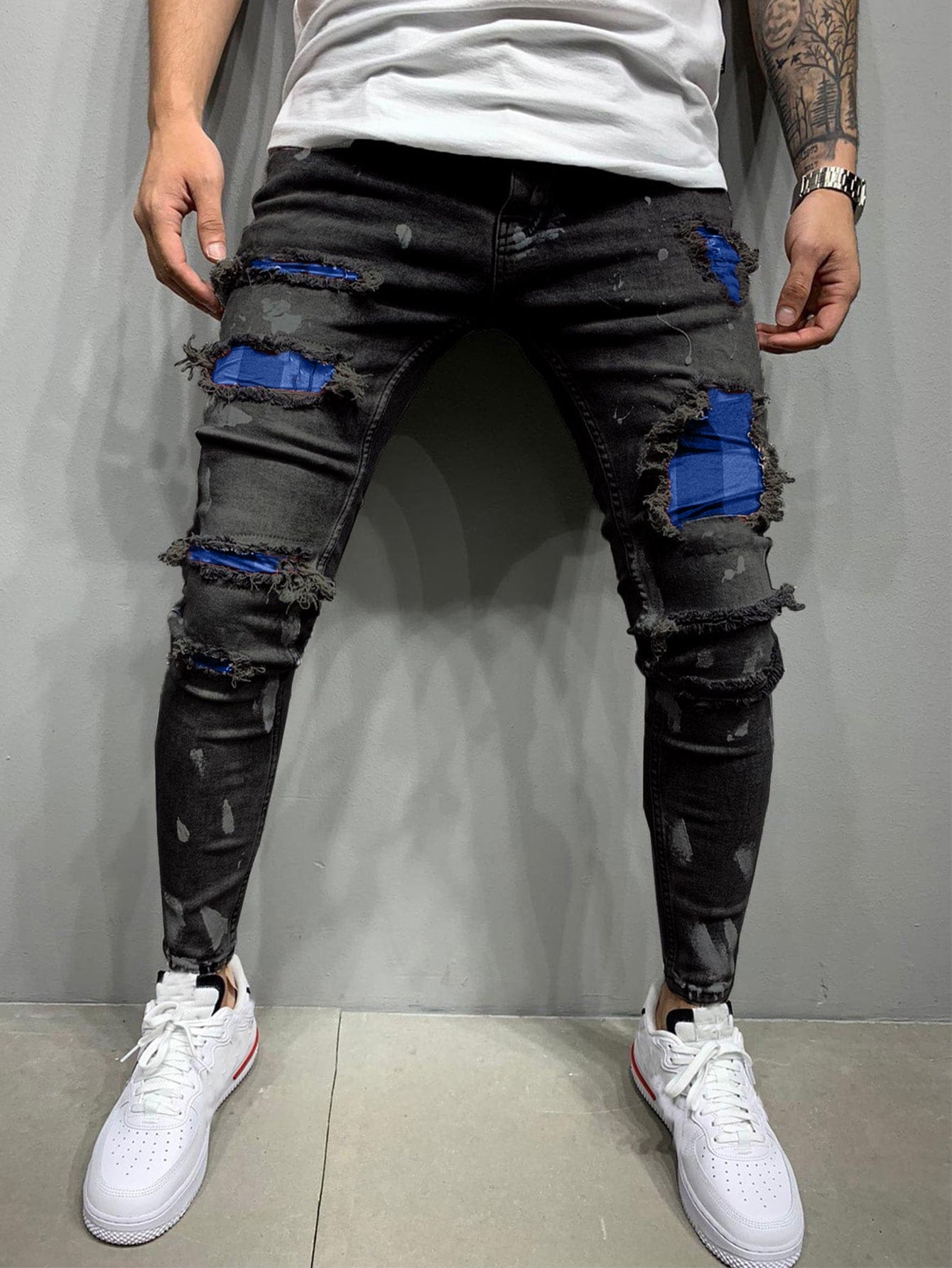 Punk Men Cotton Plaid Spliced Ripped Jeans