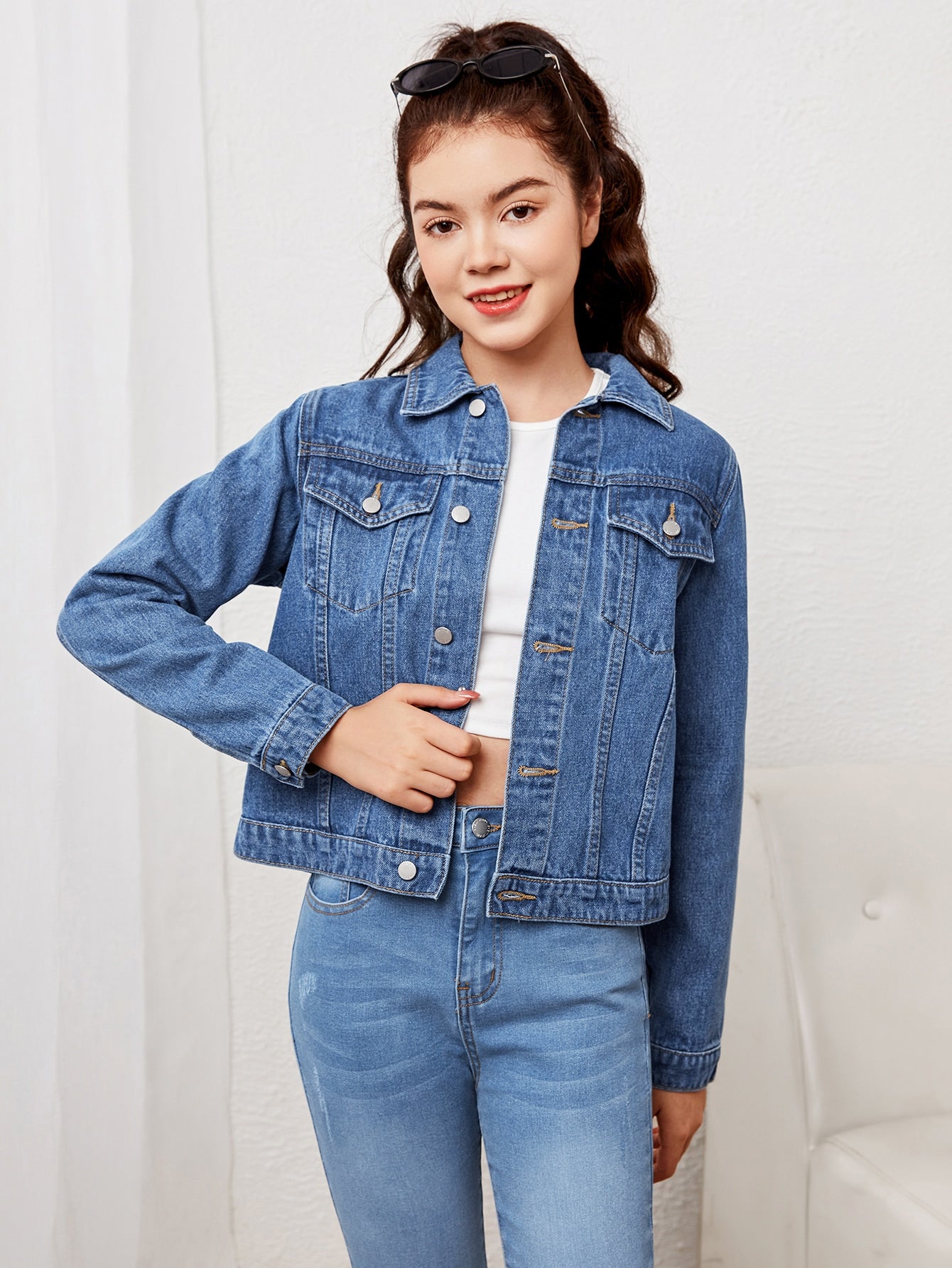 Teen Girls Fake Pocket Button Front Denim Jacket