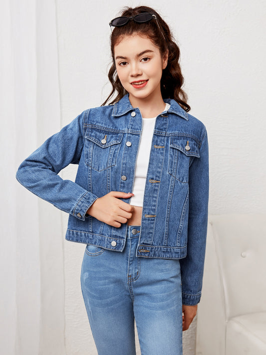 Teen Girls Fake Pocket Button Front Denim Jacket