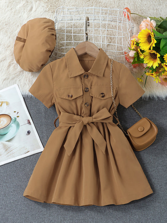 Young Girl Flap Detail Belted Shirt Dress & Accessory Hat Without Bag