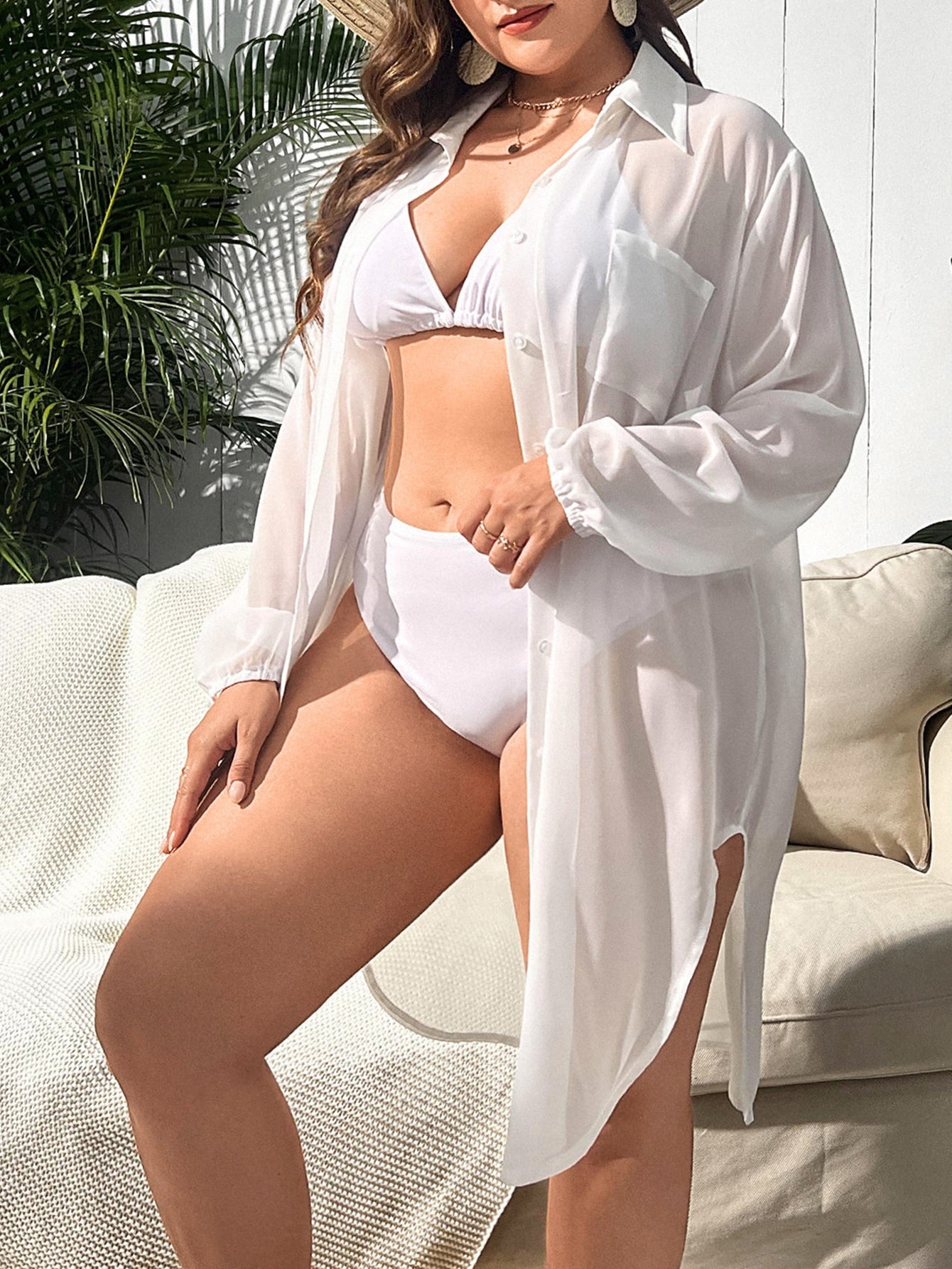 Swim Curve Summer Beach Plus Button Front Split Side Sheer Mesh Kimono Without Bikini