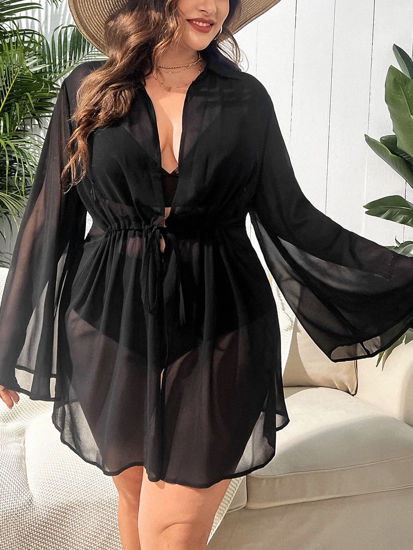 Swim Curve Plus Bell Sleeve Drawstring Waist Kimono