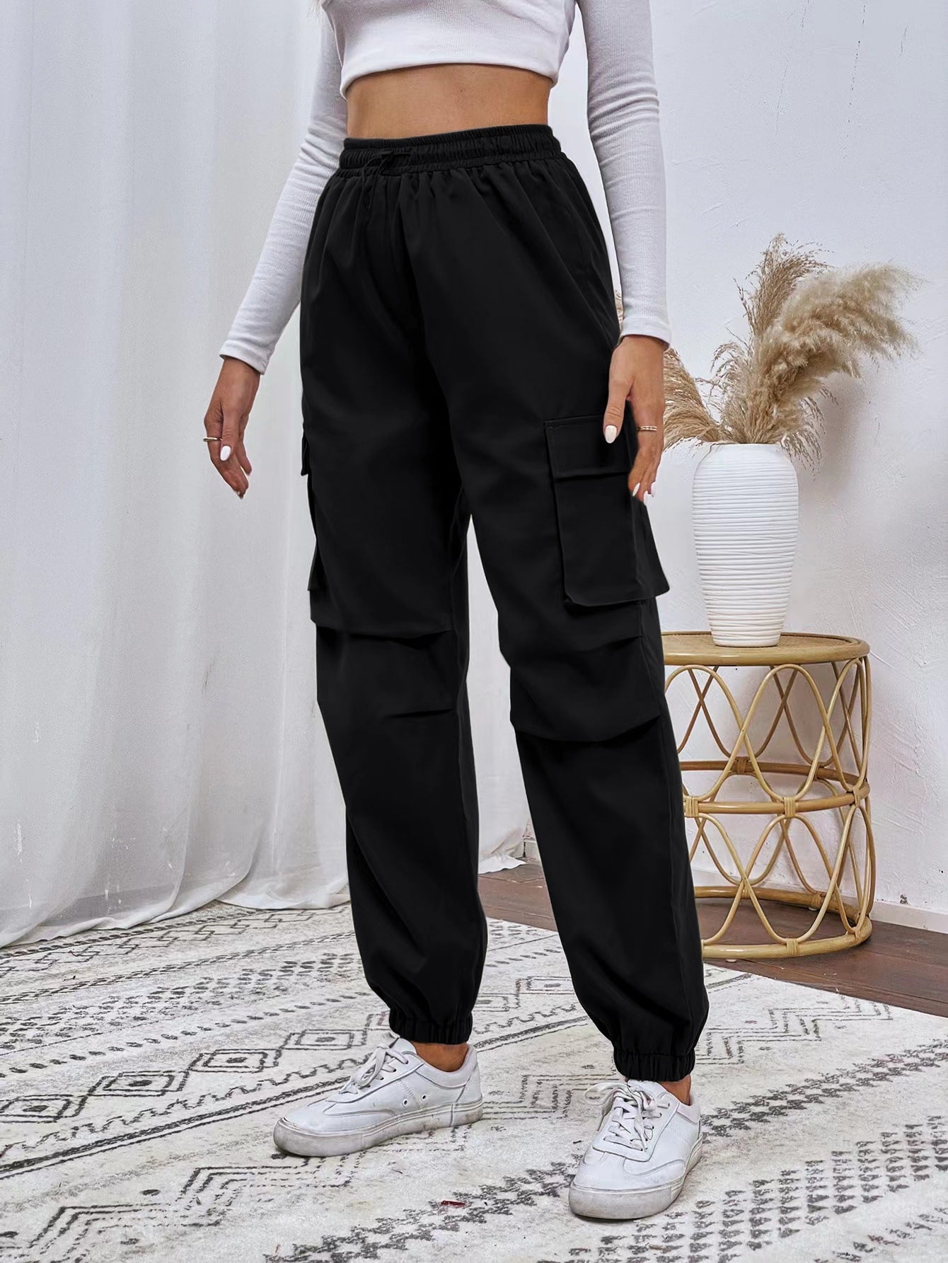 Flap Pocket Drawstring Waist Cargo Pants