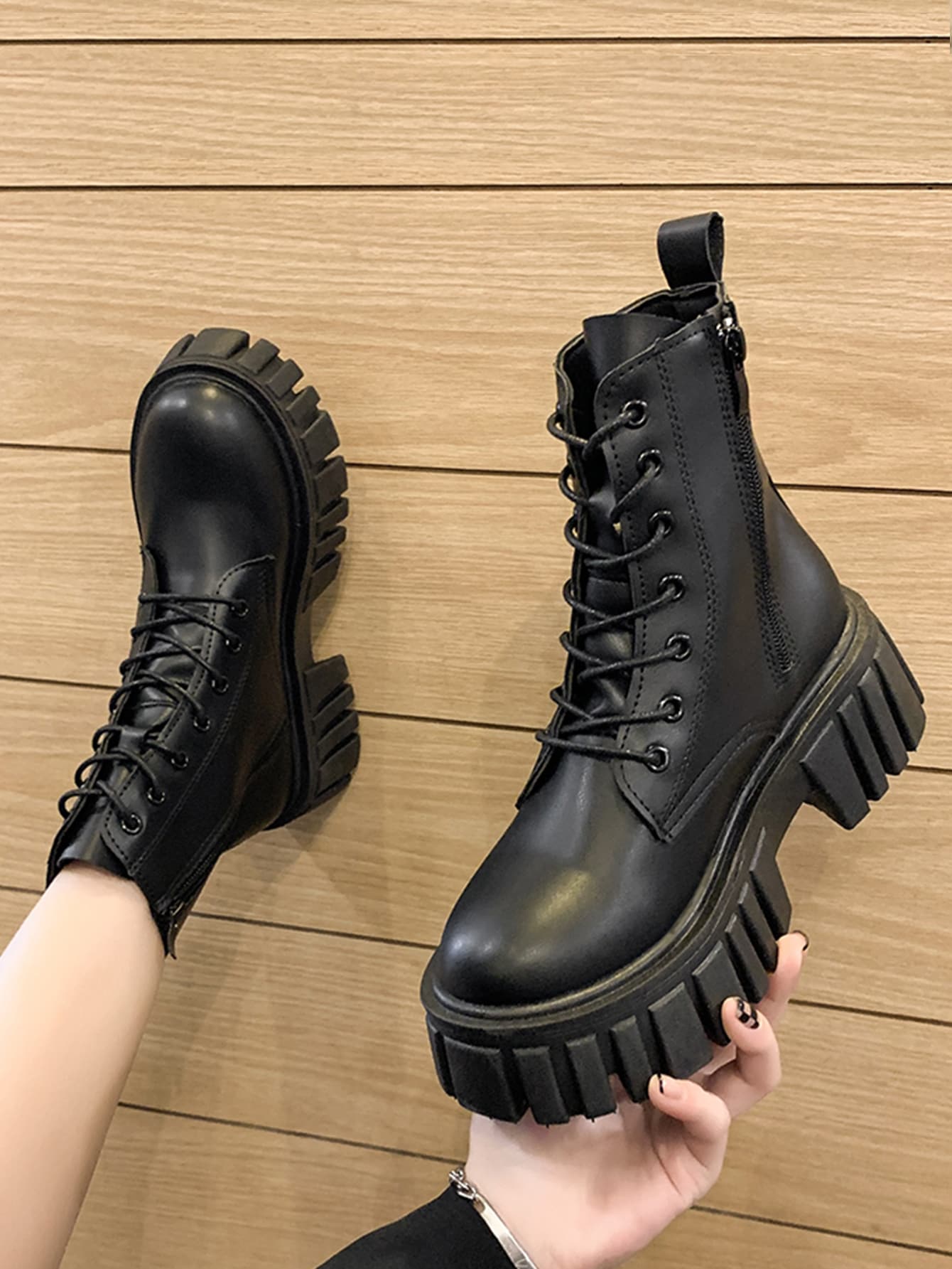 Women Side Zip Lace-up Front Combat Boots, Punk Black Fashion Boots