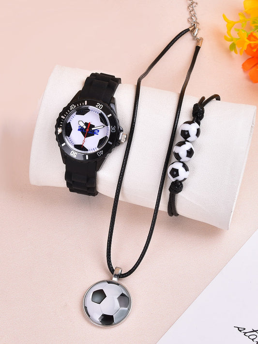 Kids Soccer Dial Quartz Watch & 1pc Bracelet & 1pc Necklace