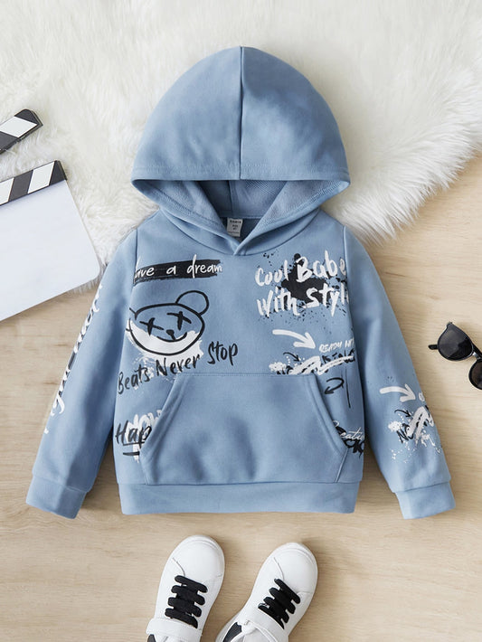 Young Boy Cartoon & Letter Graphic Hoodie