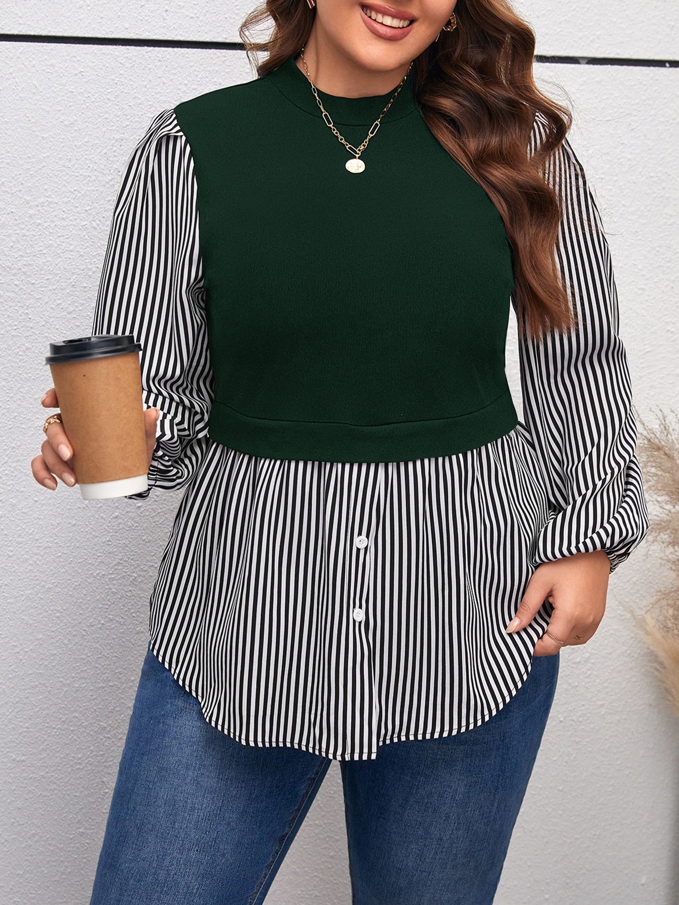 Plus Striped Print Lantern Sleeve 2 In 1 Top