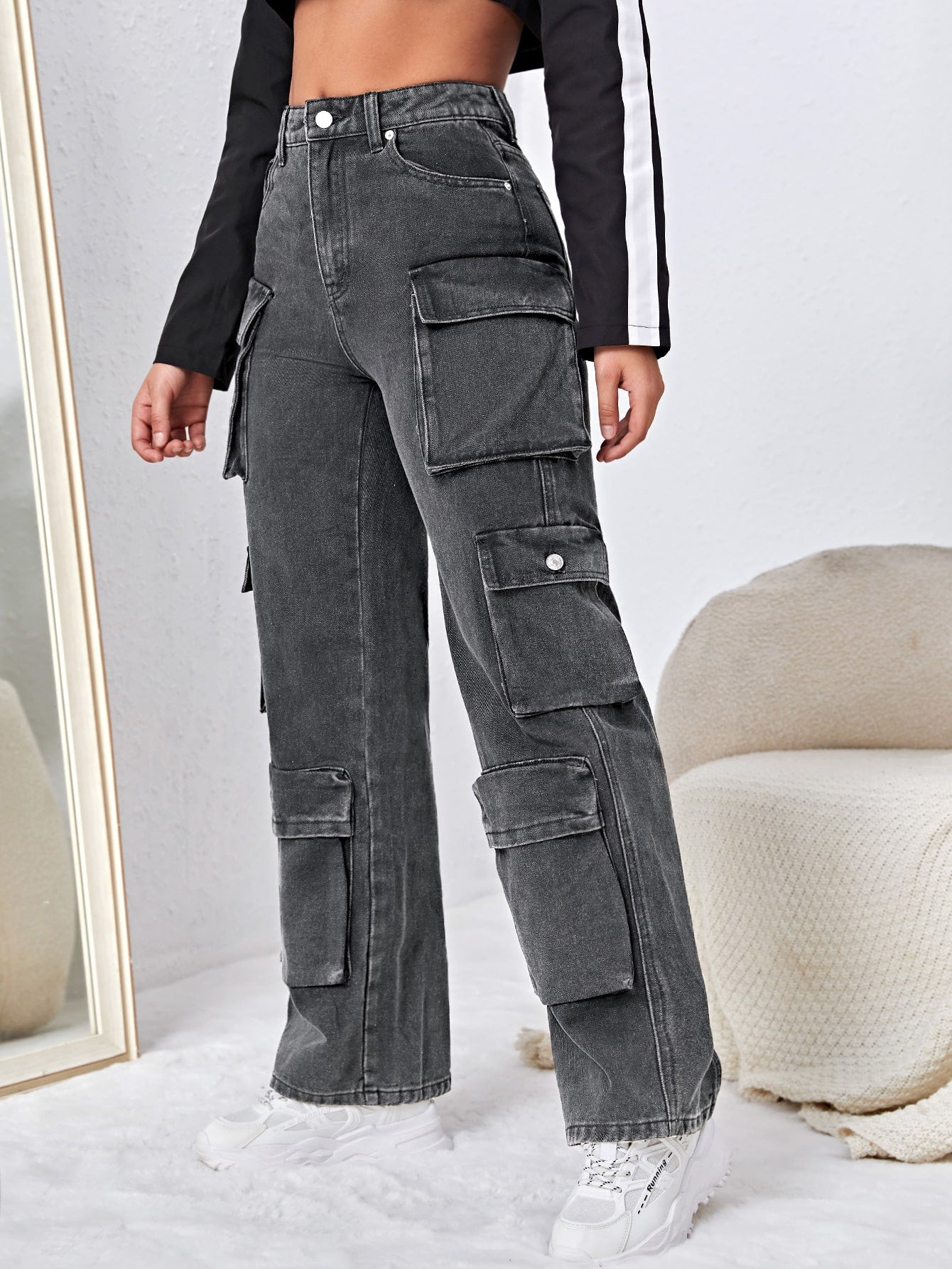 Straight Leg Denim Cargo Pants