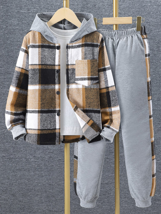 Tween Boy 1pc Plaid Print Button Front Hooded Shirt & 1pc Sweatpants