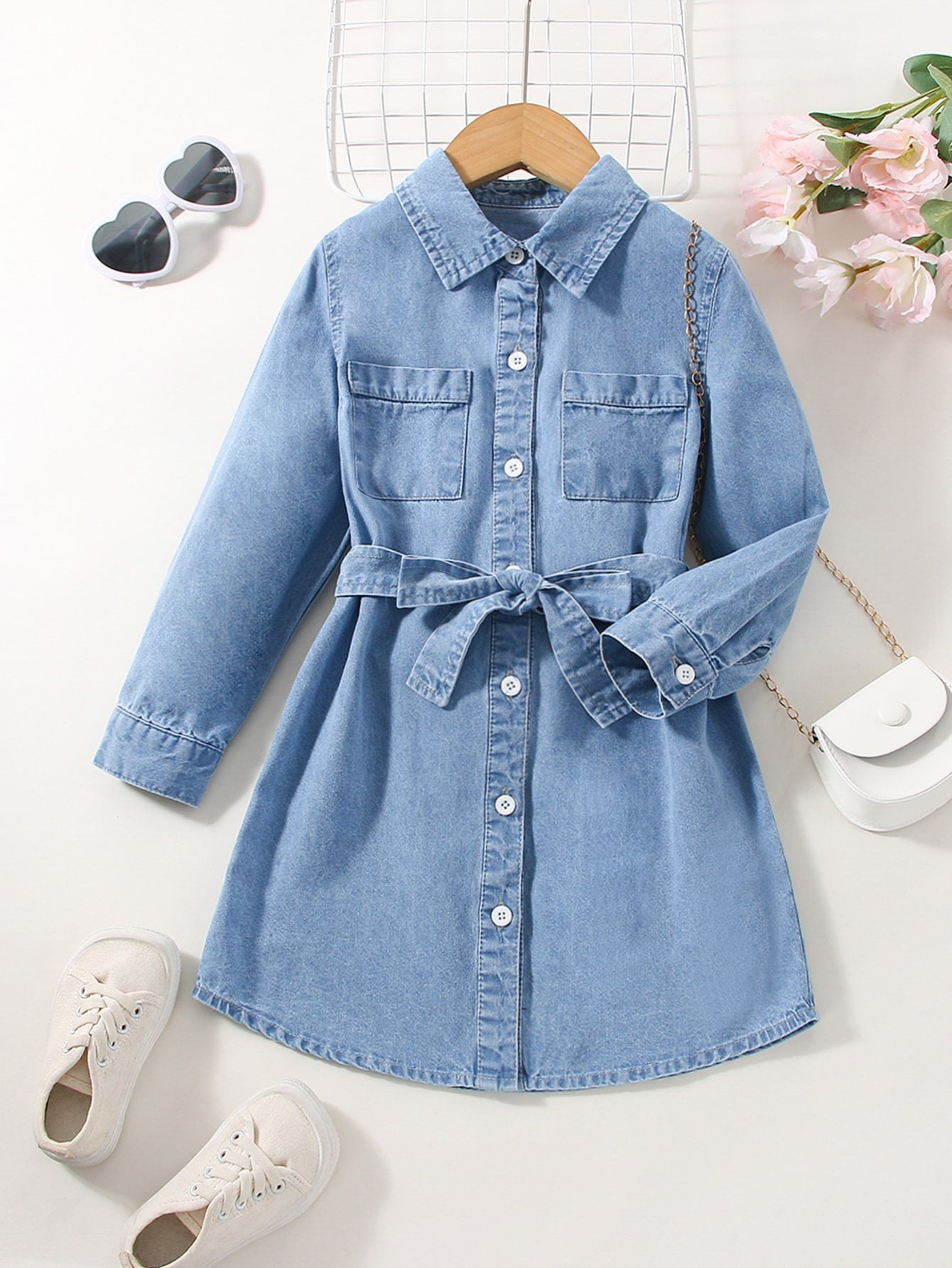 Young Girl Patched Pocket Shirt Denim Dress