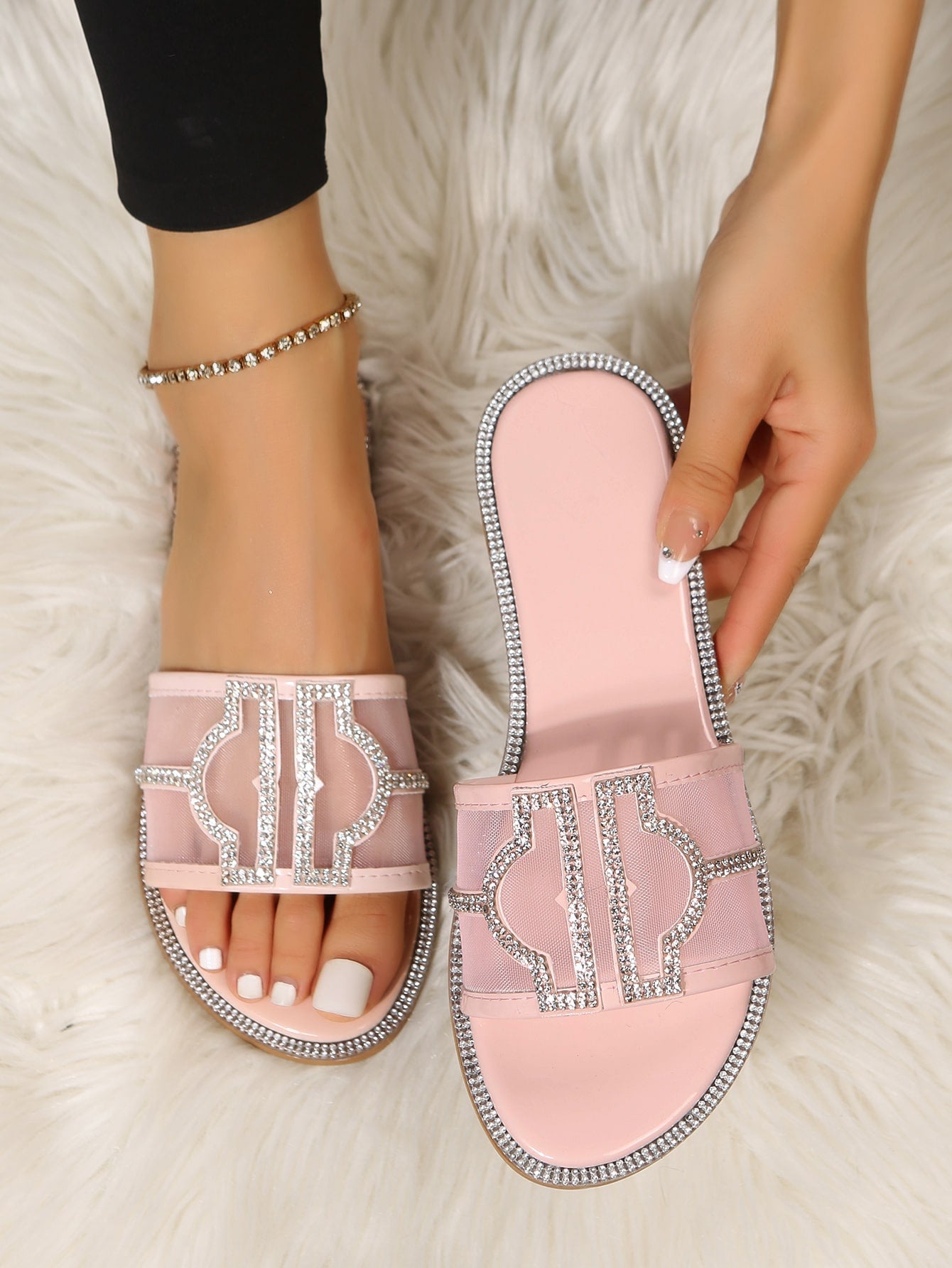 Rhinestone Decor Slide Sandals, Mules Pink Rhinestone Solid Color Women's Flat Sandals For Party