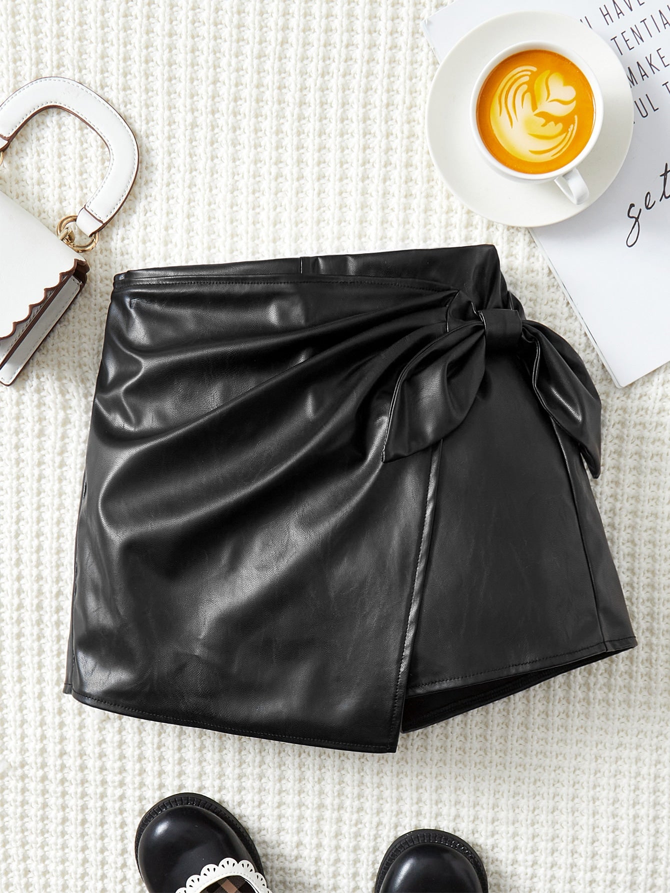 Tween Girls' Casual Mini Pu Leather Skort With Knotted Side And High Waist