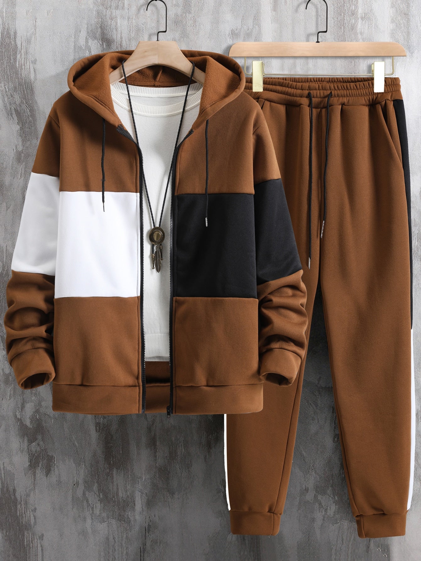 Men Colorblock Zip Up Drawstring Hoodie & Sweatpants Without Tee