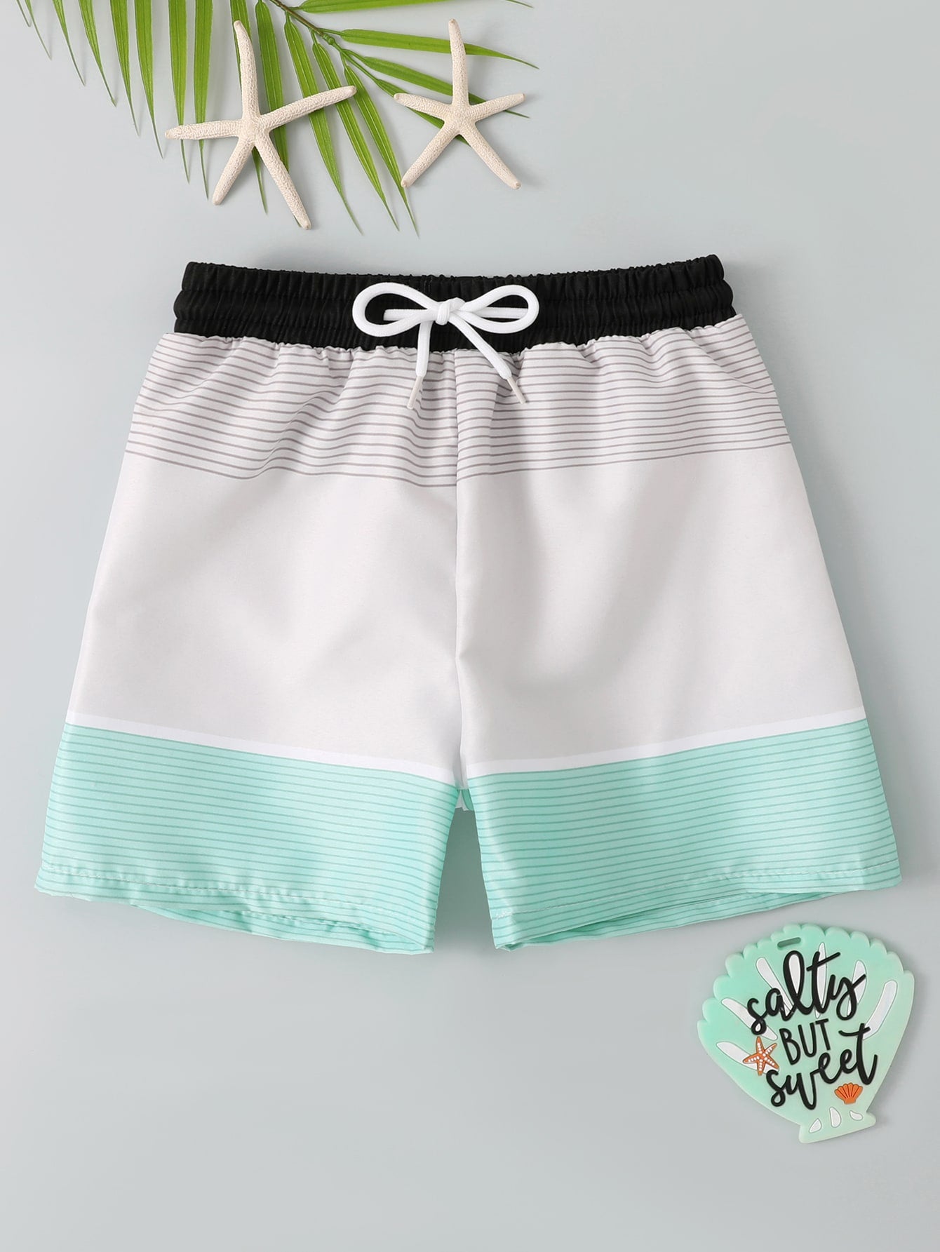 Young Boy Striped Colorblock Drawstring Waist Swim Shorts