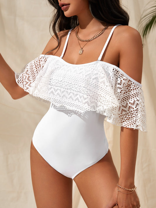 Swim Summer Beach Ladies' Lace Ruffle Solid Color One Piece Swimsuit With Ruffled Hem Design For Vacation