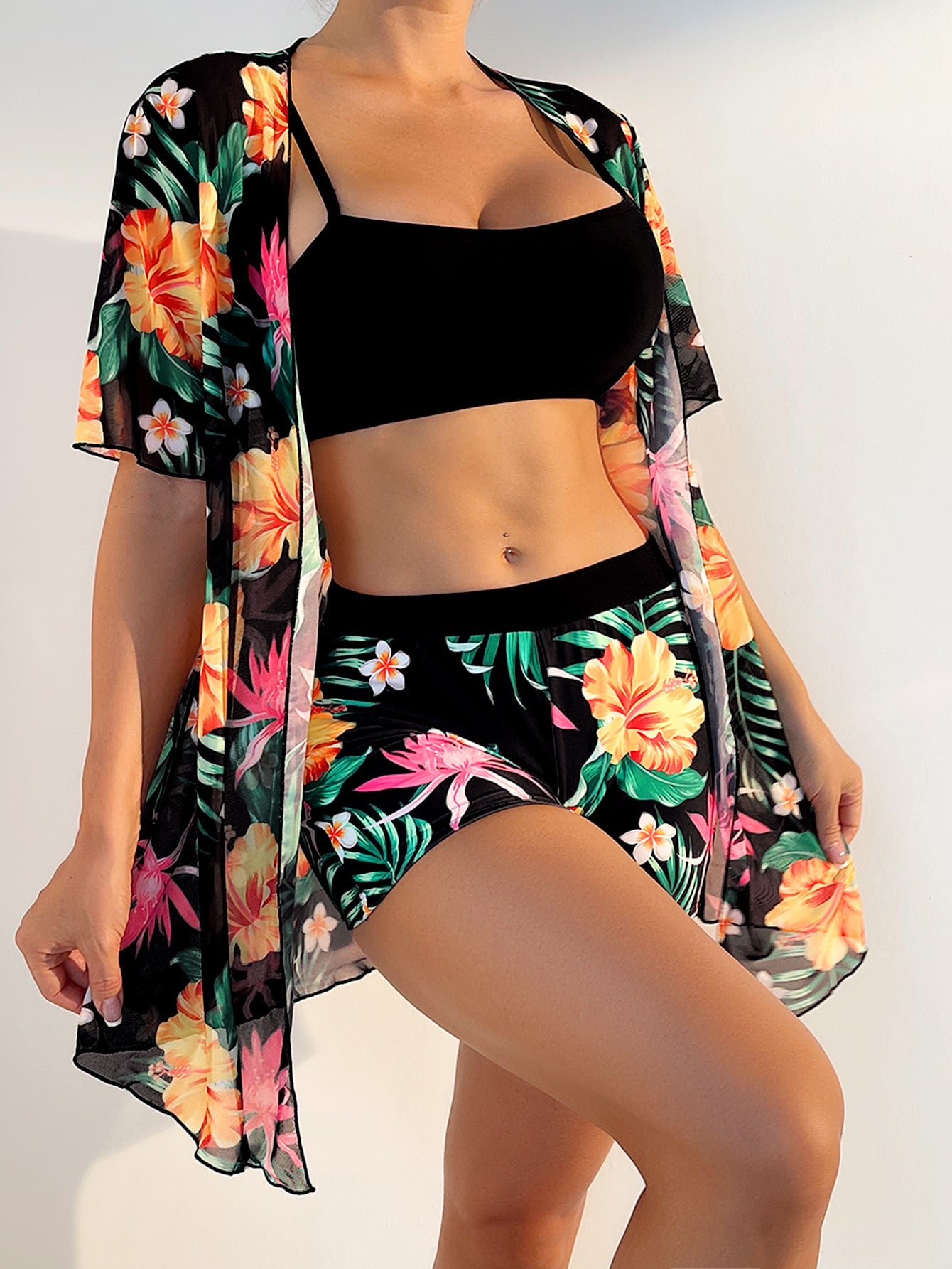 Swim Lushore Women's Summer Beach Tropical Plant Printed Triangle Shorts Casual Bikini Set With Short Sleeve Kimono Cover-Up