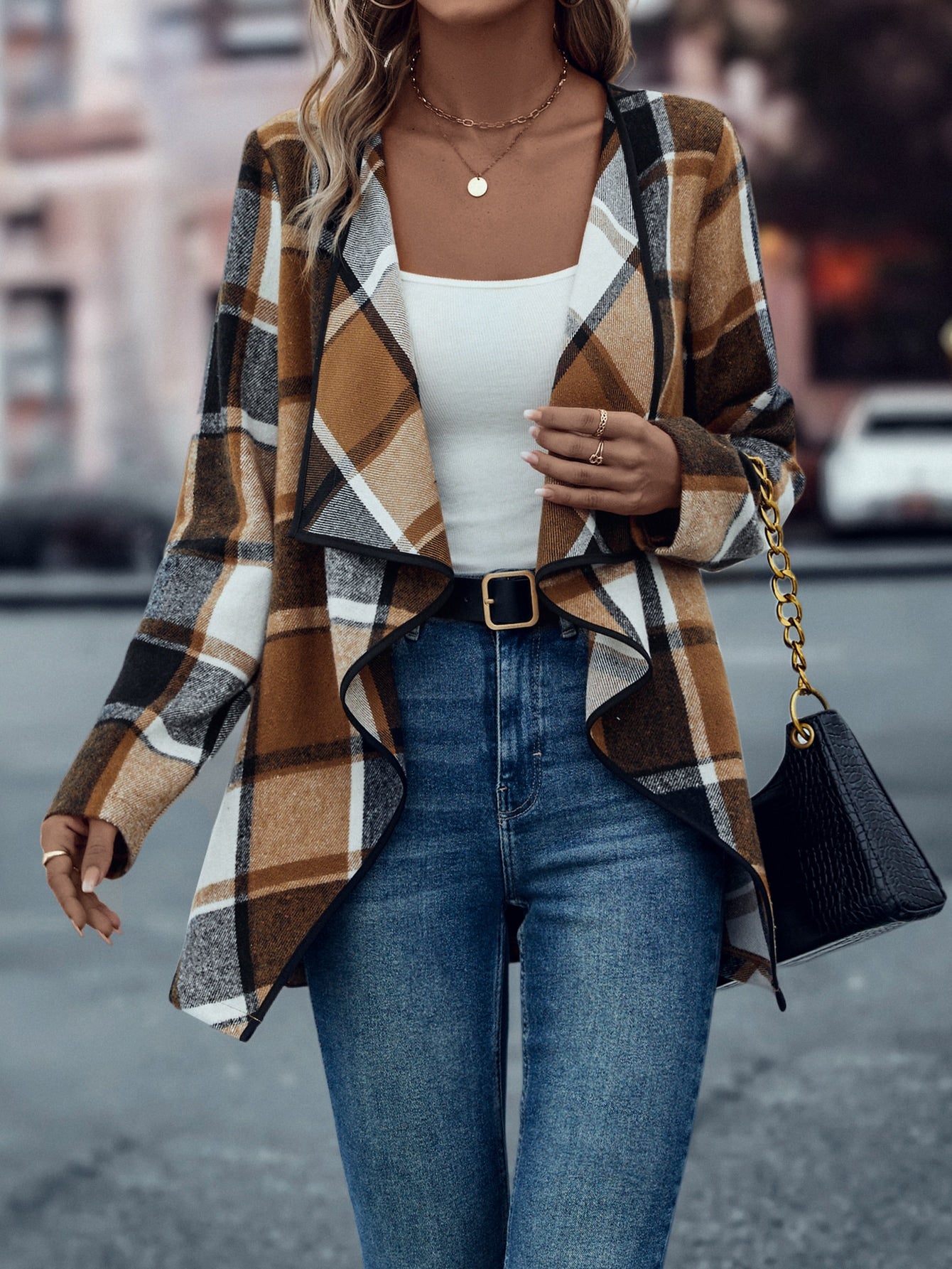 Plaid Waterfall Collar Asymmetrical Hem Tweed Overcoat