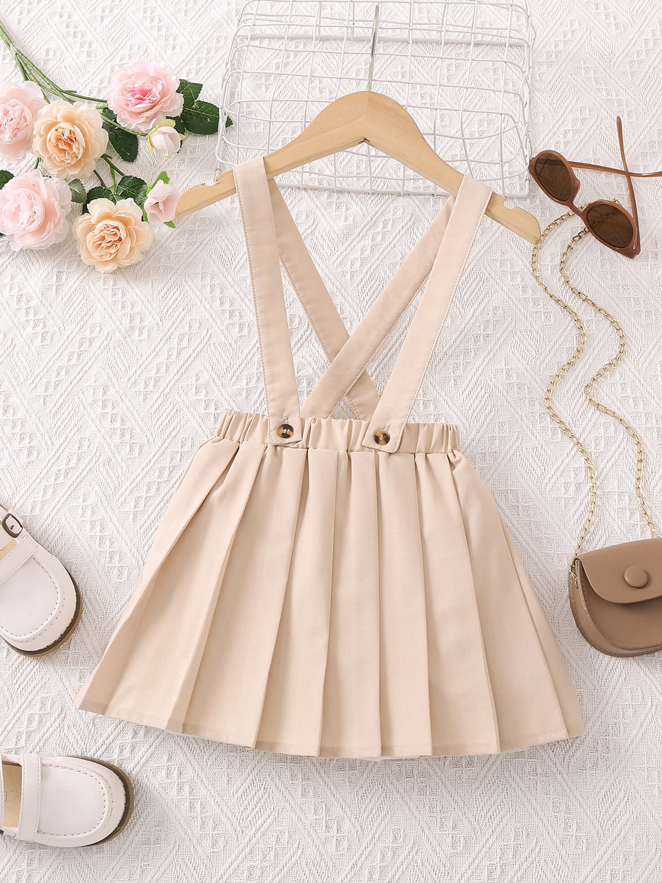 1pc Young Girl's Elegant Solid Color Pleated Suspender Skirt