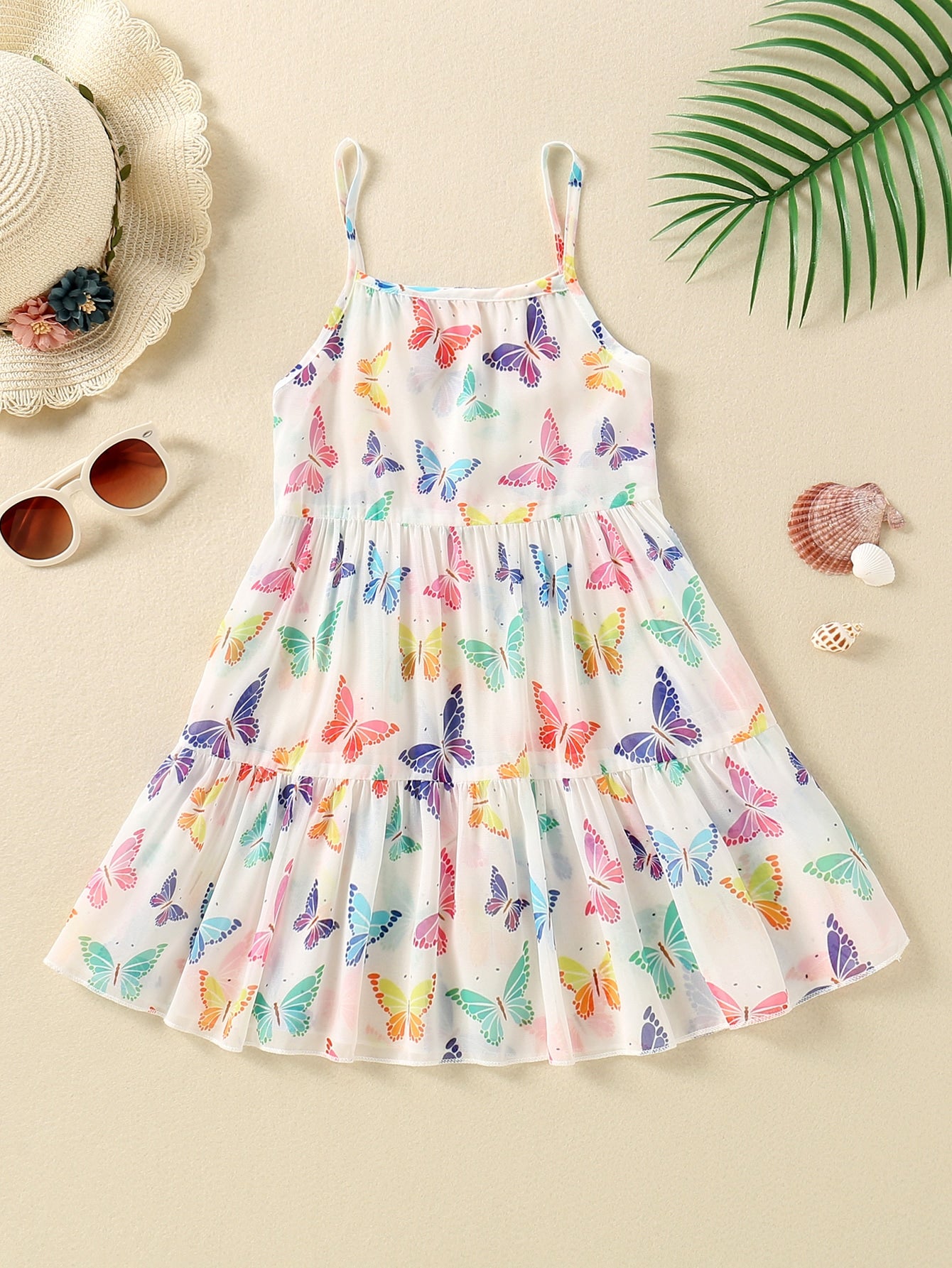 Young Girl Butterfly Print Ruffle Hem Cover Up Dress