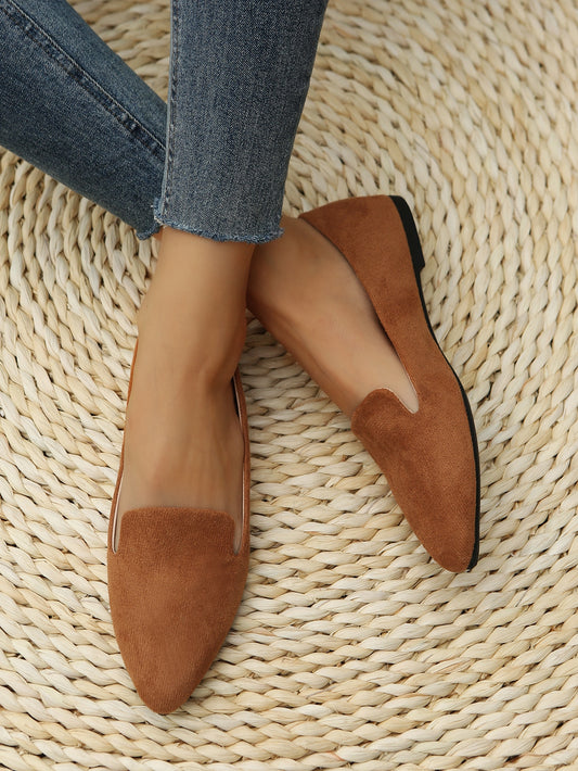 Women Point Toe Flat Loafers, Elegant Brown Faux Suede Flat Shoes