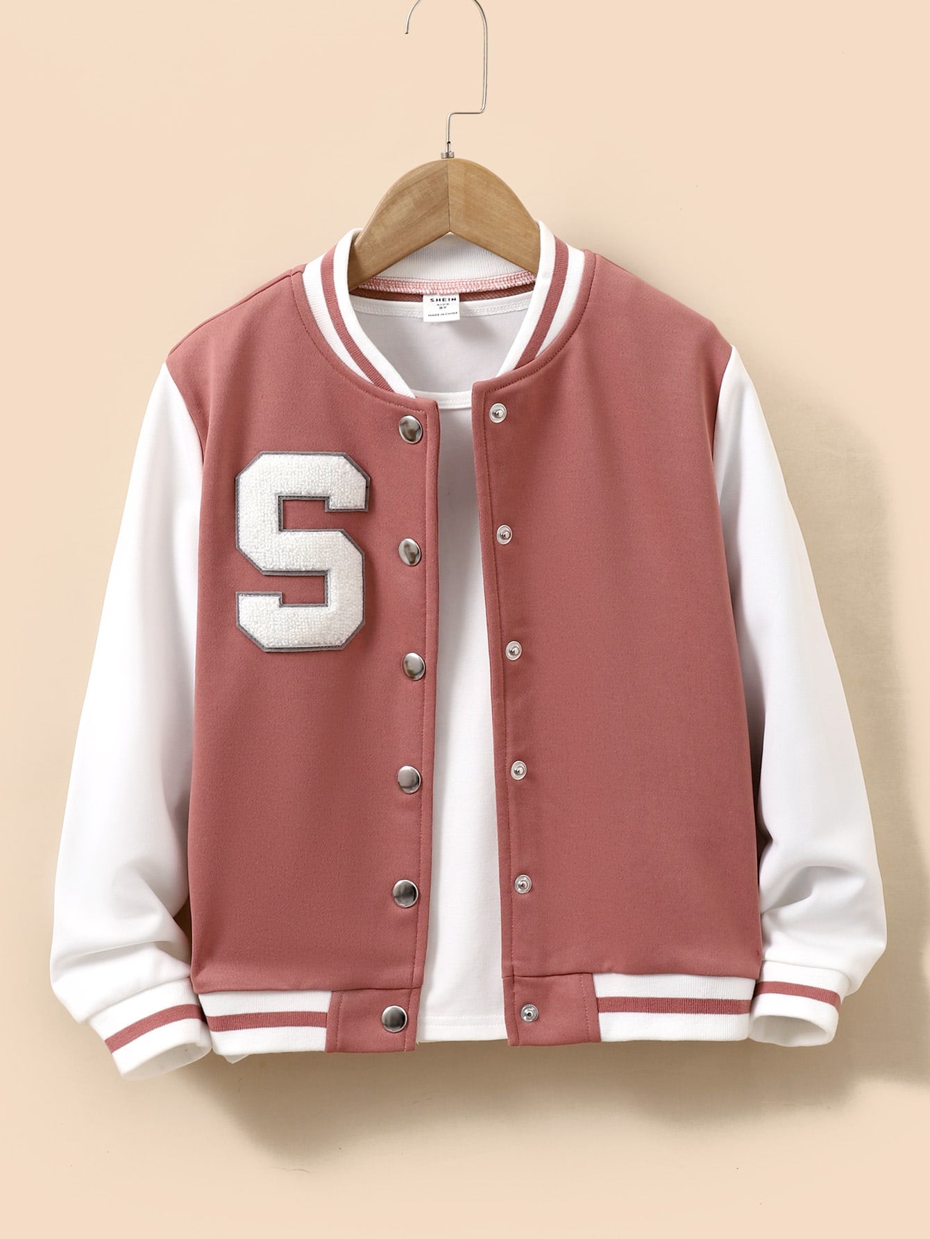 Tween Girls' Solid Color Patchwork Front Button Long Sleeve Letter Varsity Jacket, Casual Daily Wear