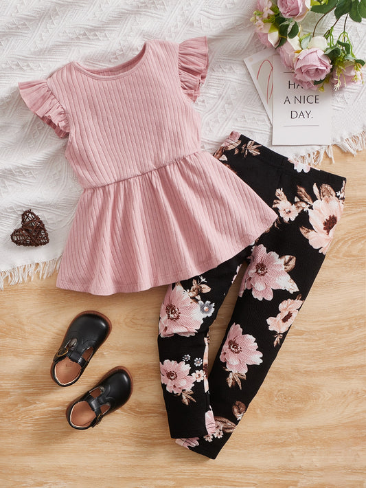 Young Girl Ruffle Trim Peplum Top & Floral Print Pants