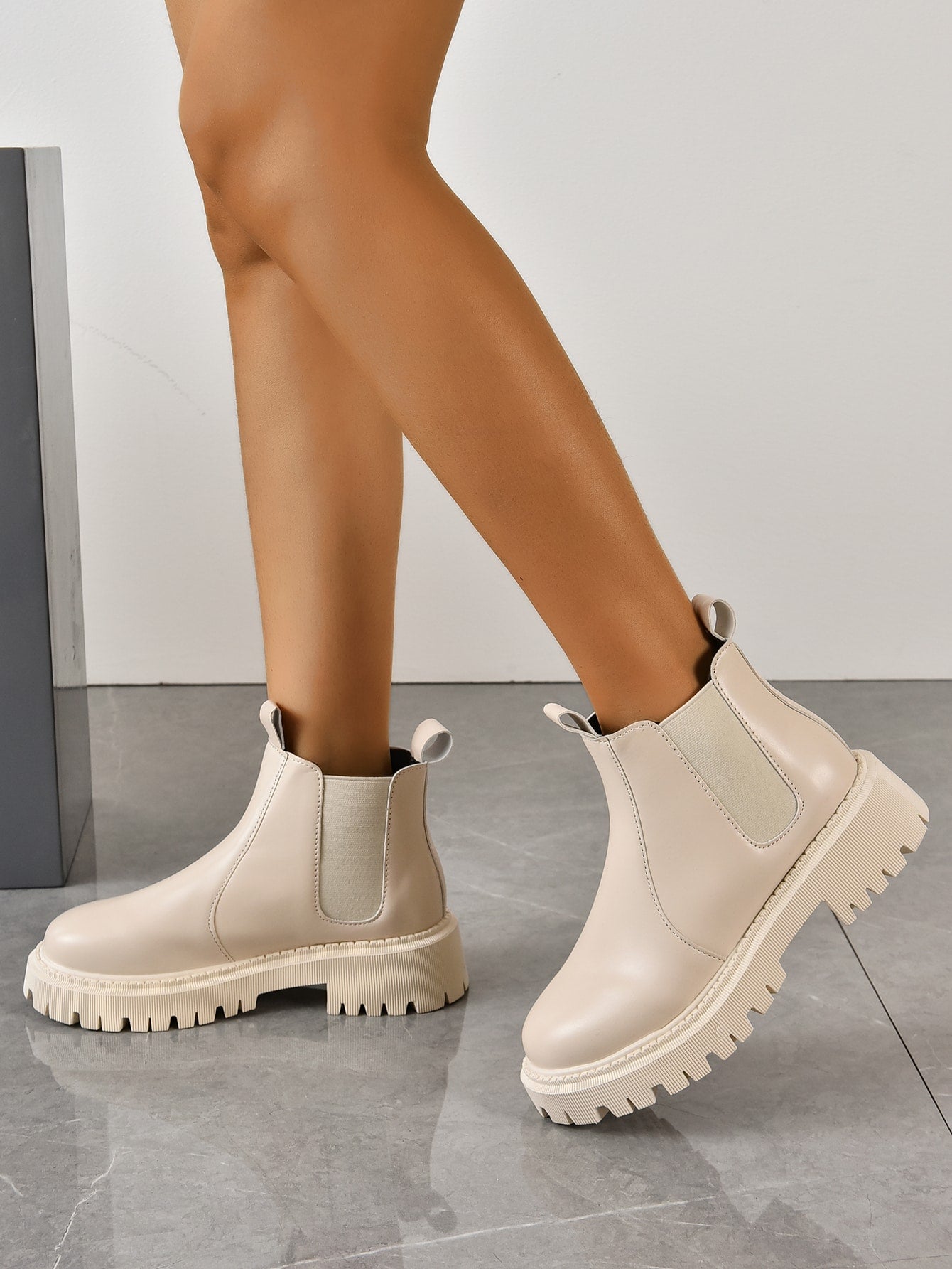 Minimalist Slip On Combat Boots, Beige Preppy Style Solid Color Chelsea Boots