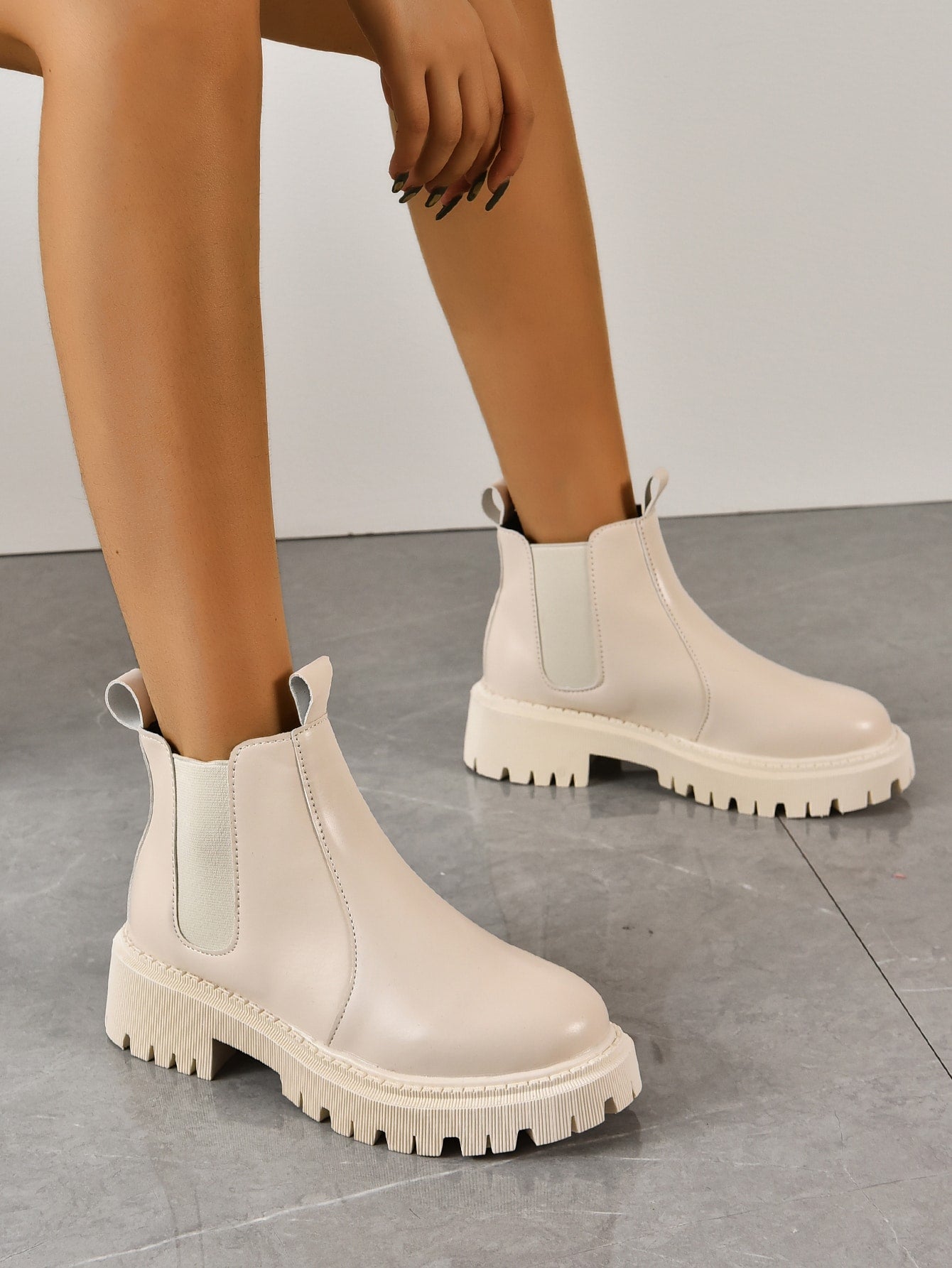 Minimalist Slip On Combat Boots, Beige Preppy Style Solid Color Chelsea Boots