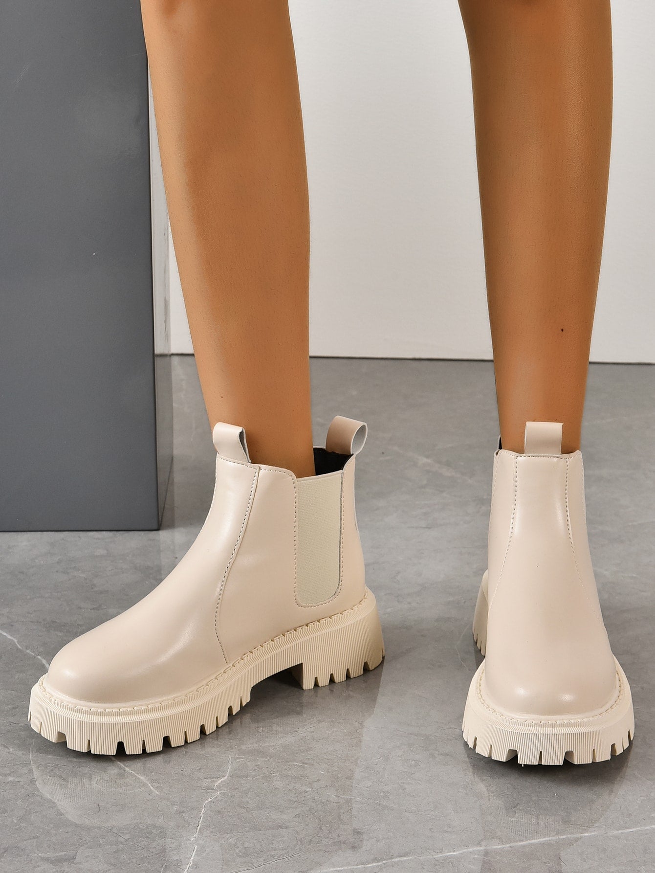 Minimalist Slip On Combat Boots, Beige Preppy Style Solid Color Chelsea Boots