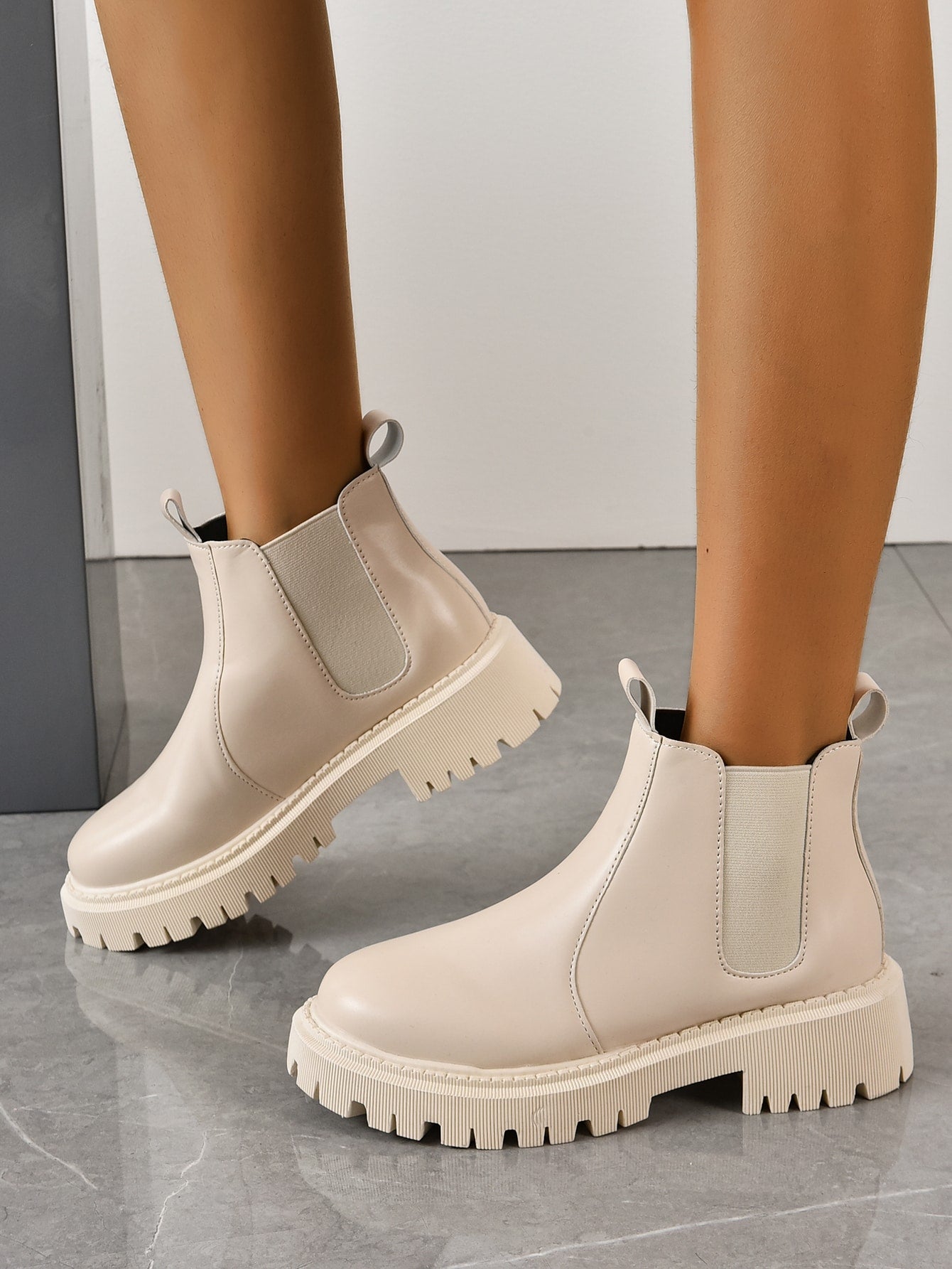 Minimalist Slip On Combat Boots, Beige Preppy Style Solid Color Chelsea Boots