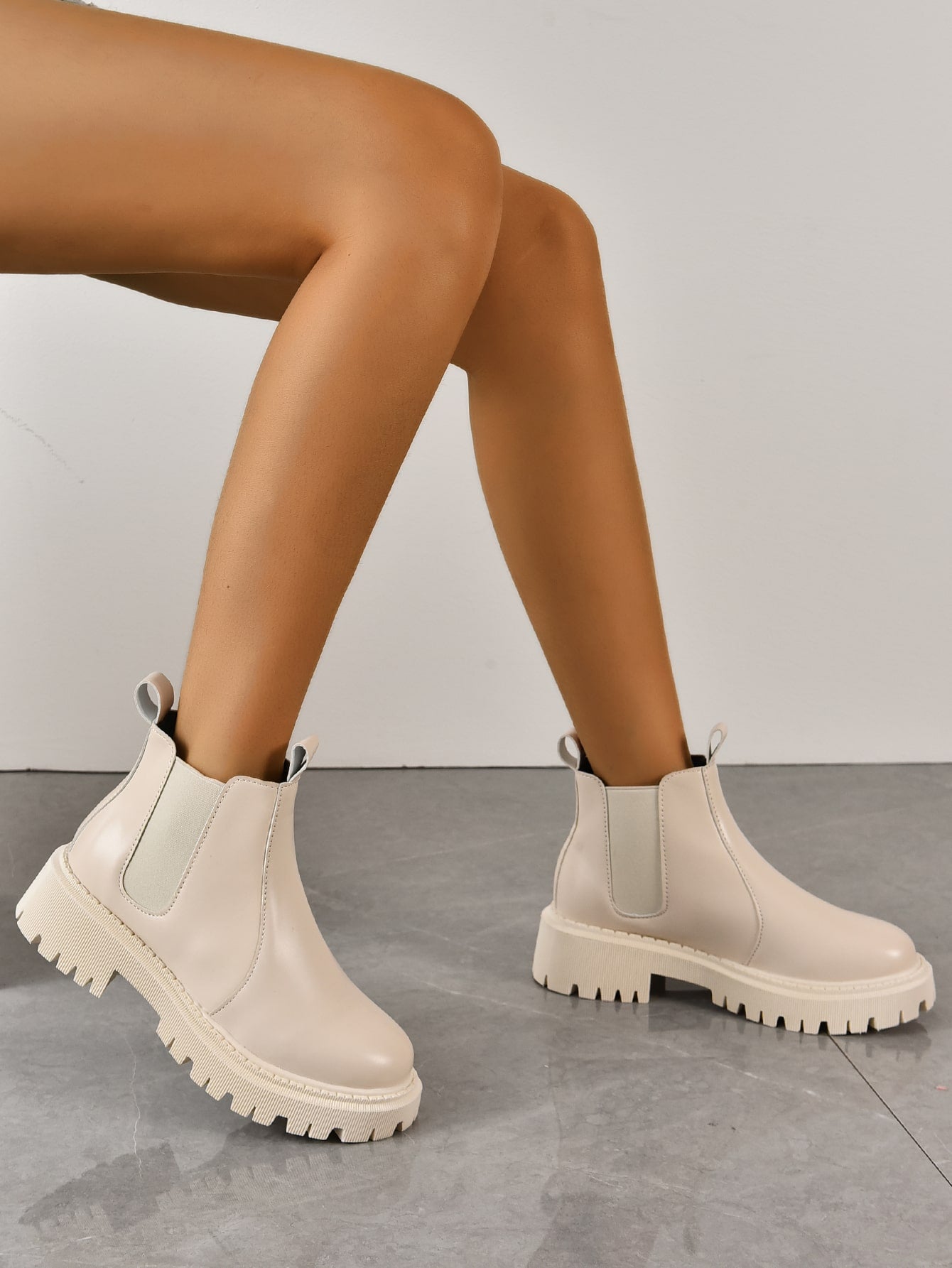 Minimalist Slip On Combat Boots, Beige Preppy Style Solid Color Chelsea Boots