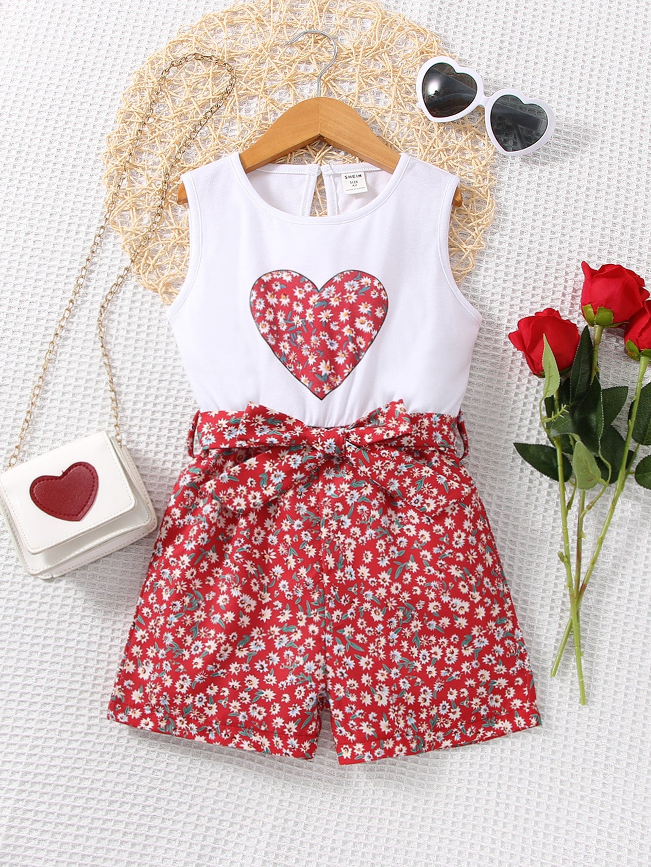 Young Girl Ditsy Floral & Heart Print Belted Tank Romper