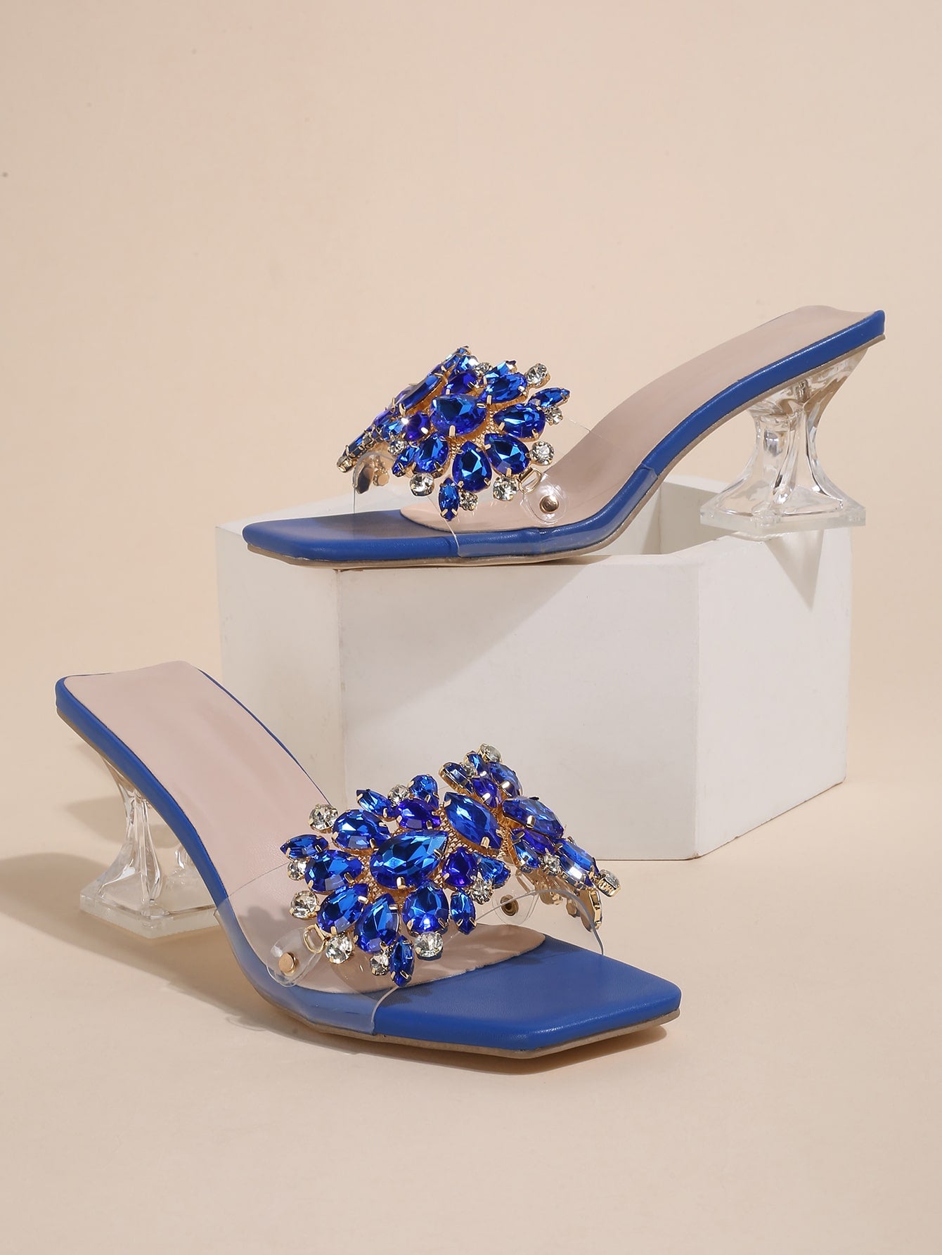 Rhinestone Decor Clear Band Sculptural Heeled Mule Sandals, Blue Party Crystal Detail Solid Color Mules Heels