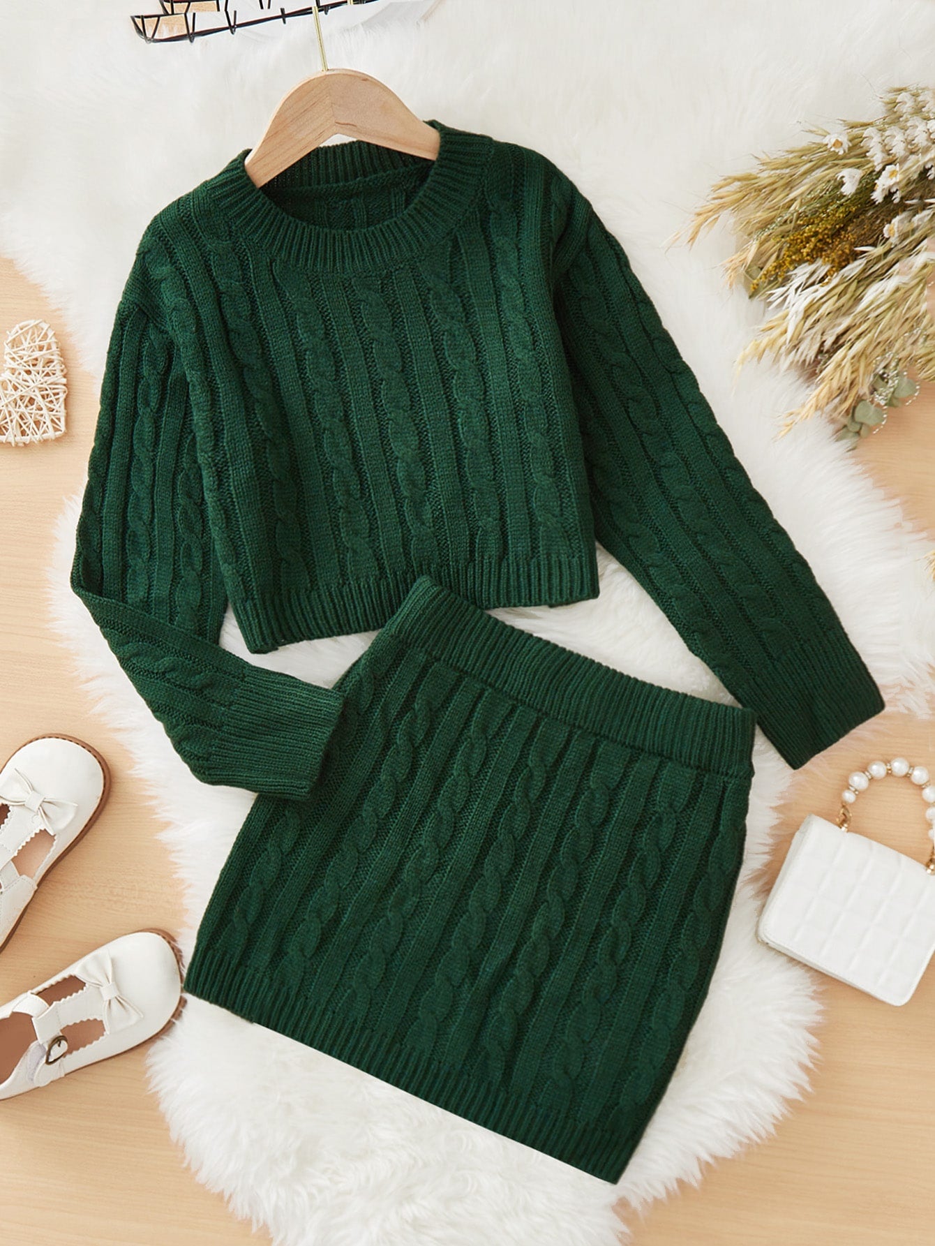 Tween Girl Cable Knit Drop Shoulder Sweater & Knit Skirt