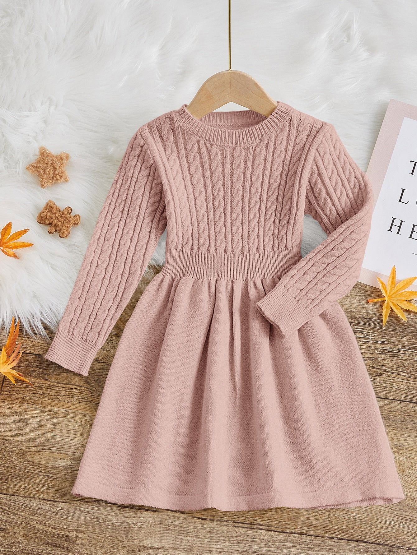 Young Girl Solid Color Long Sleeve Knitted Sweater Dress, Spring & Autumn