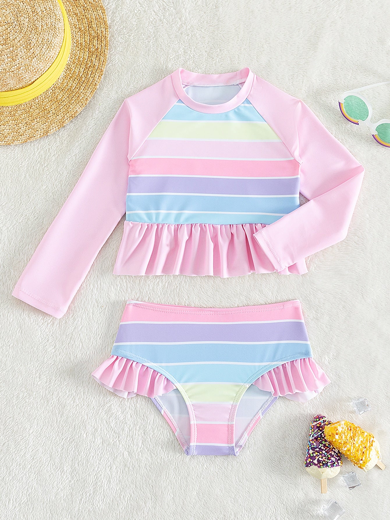 Young Girl Striped Ruffle Hem Bikini Set Summer Beach