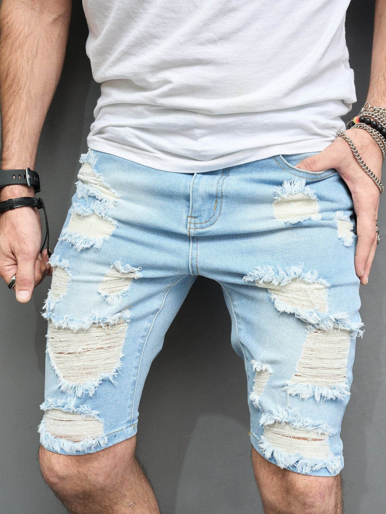 Men Cotton Ripped Frayed Slant Pocket Denim Shorts