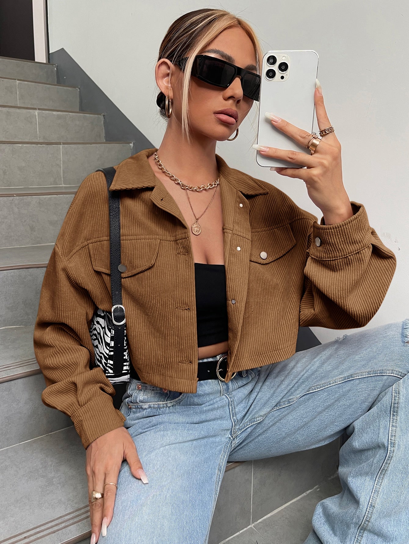 Spring Outfits Drop Shoulder Flap Detail Crop Corduroy Jacket