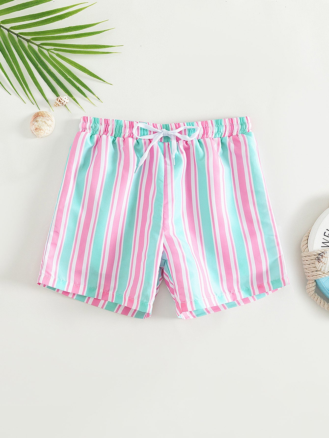 Young Boy Striped Drawstring Waist Swim Trunks