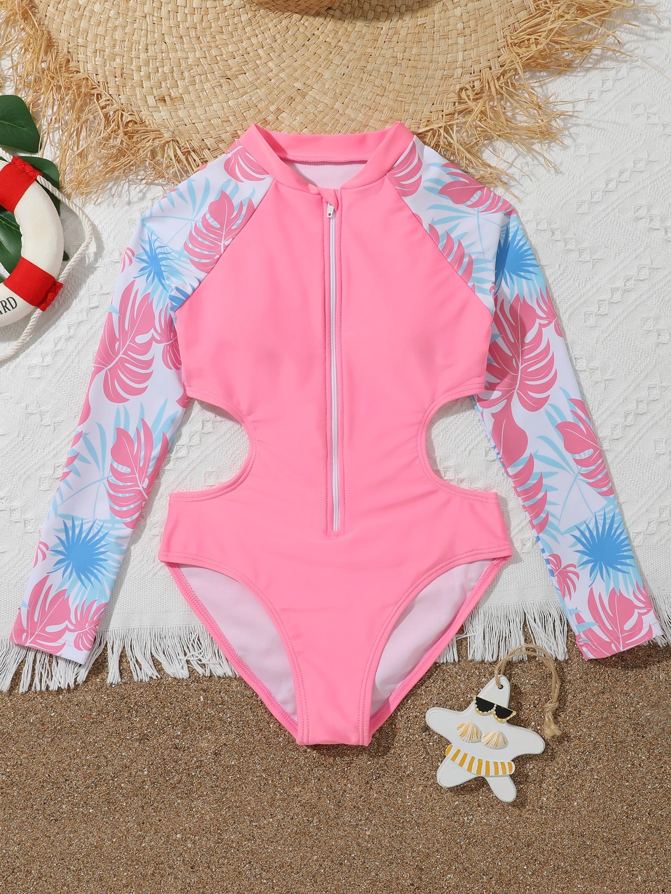 Tween Girl Tropical Print Cut Out Waist Raglan Sleeve Zipper Front One Piece Swimsuit