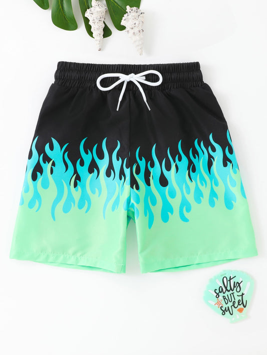 Tween Boy Fire Print Drawstring Waist Swim Shorts